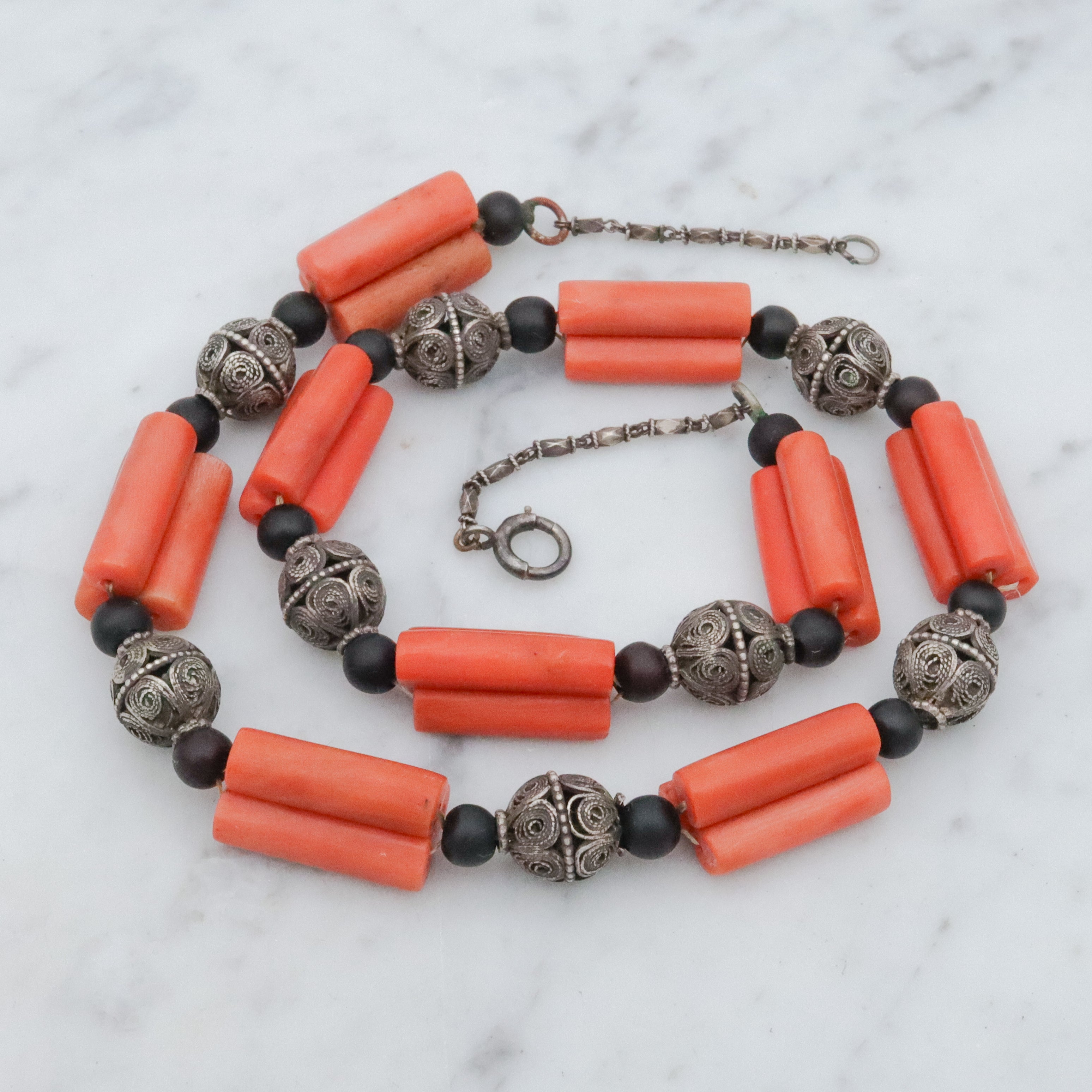 Antique Art Deco coral tube & silver filigree bead link Berber necklace