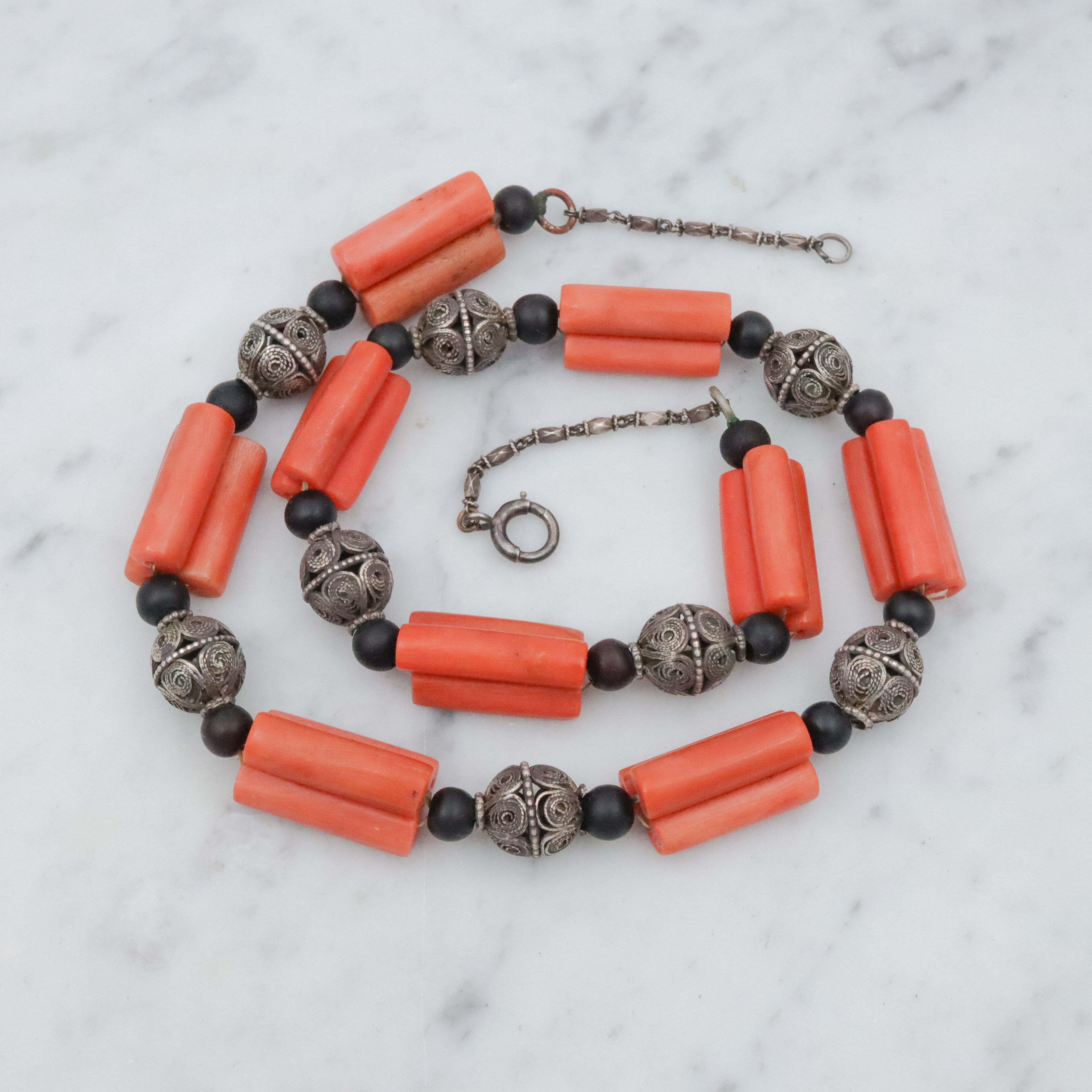 Antique Art Deco coral tube & silver filigree bead link Berber necklace