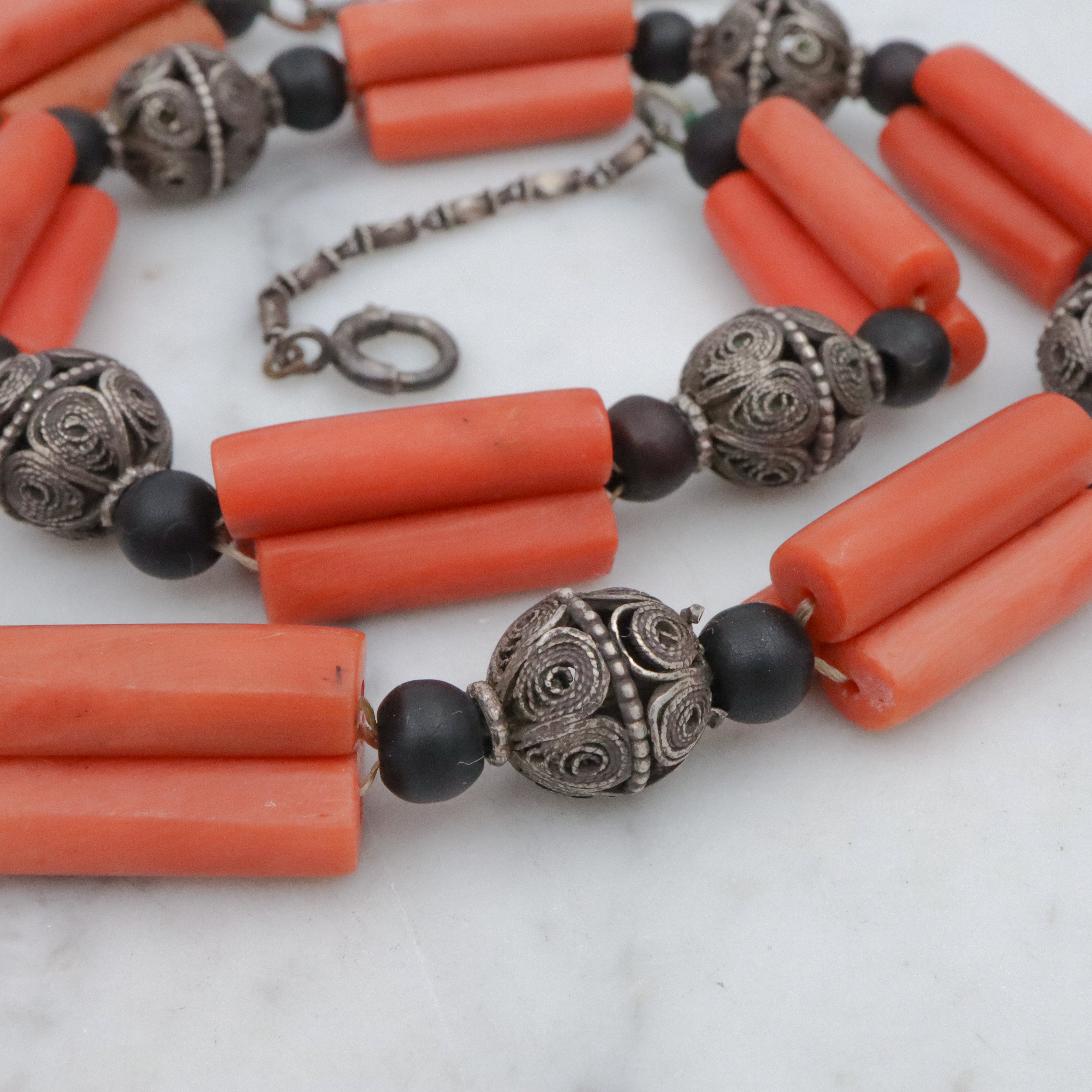 Antique Art Deco coral tube & silver filigree bead link Berber necklace