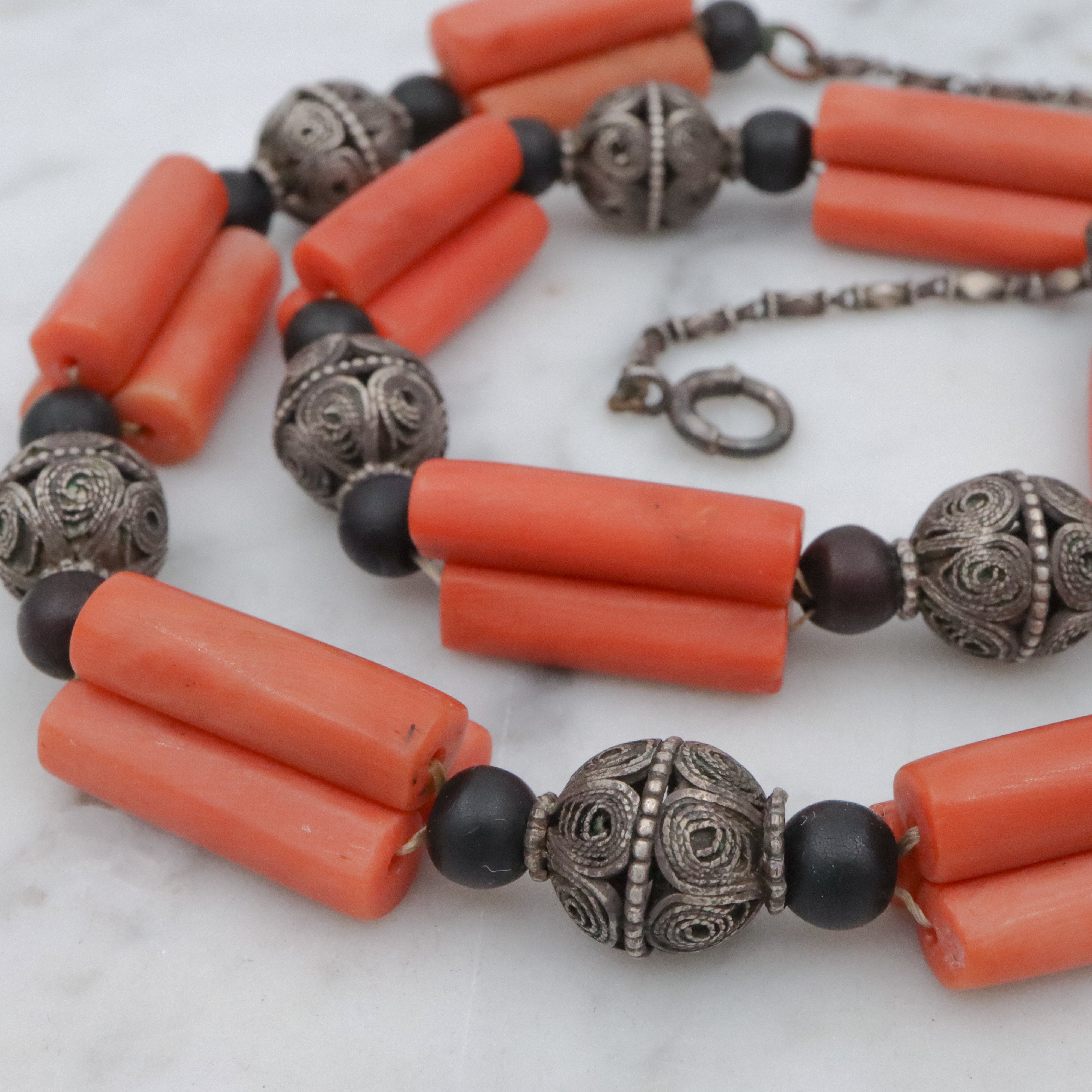 Antique Art Deco coral tube & silver filigree bead link Berber necklace