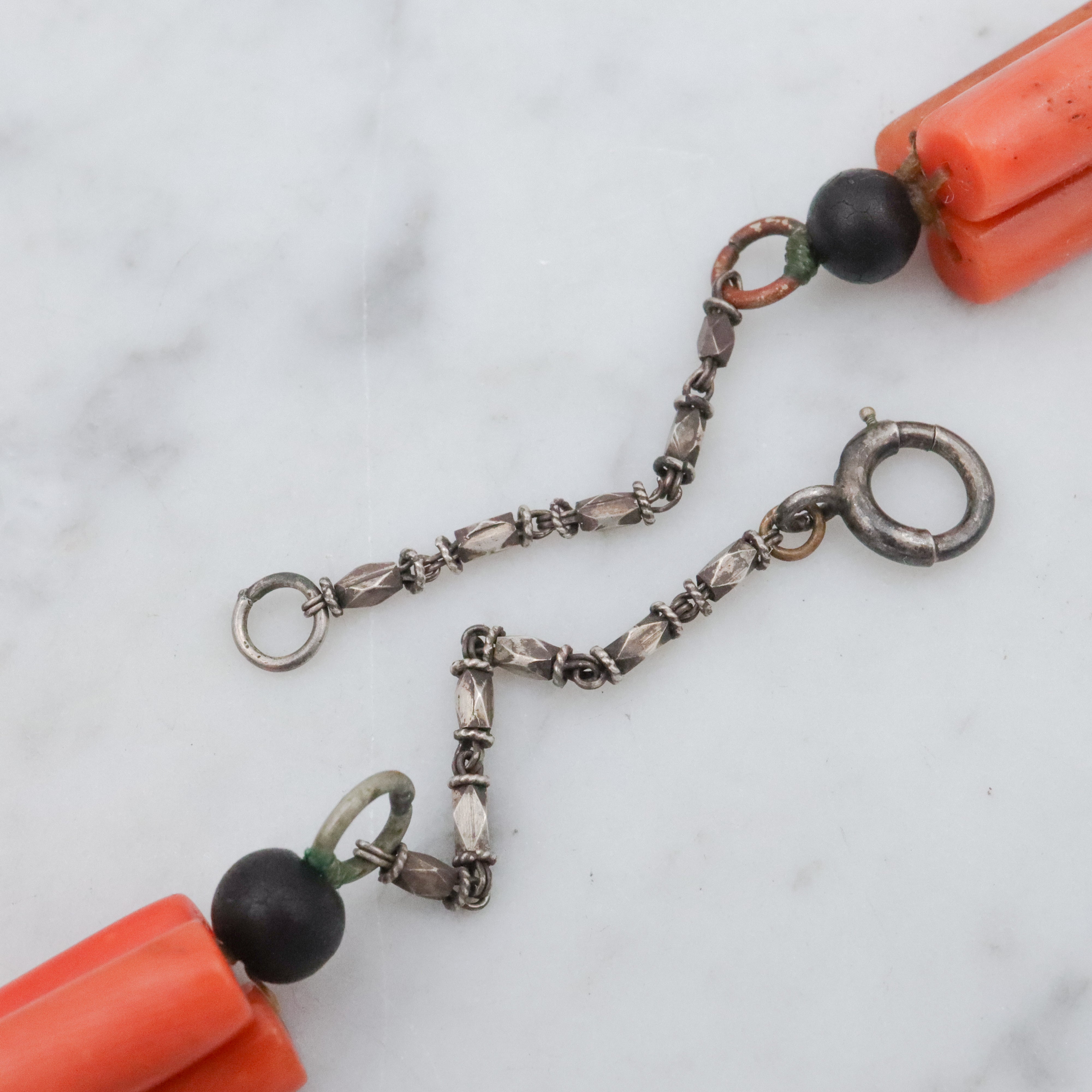 Antique Art Deco coral tube & silver filigree bead link Berber necklace