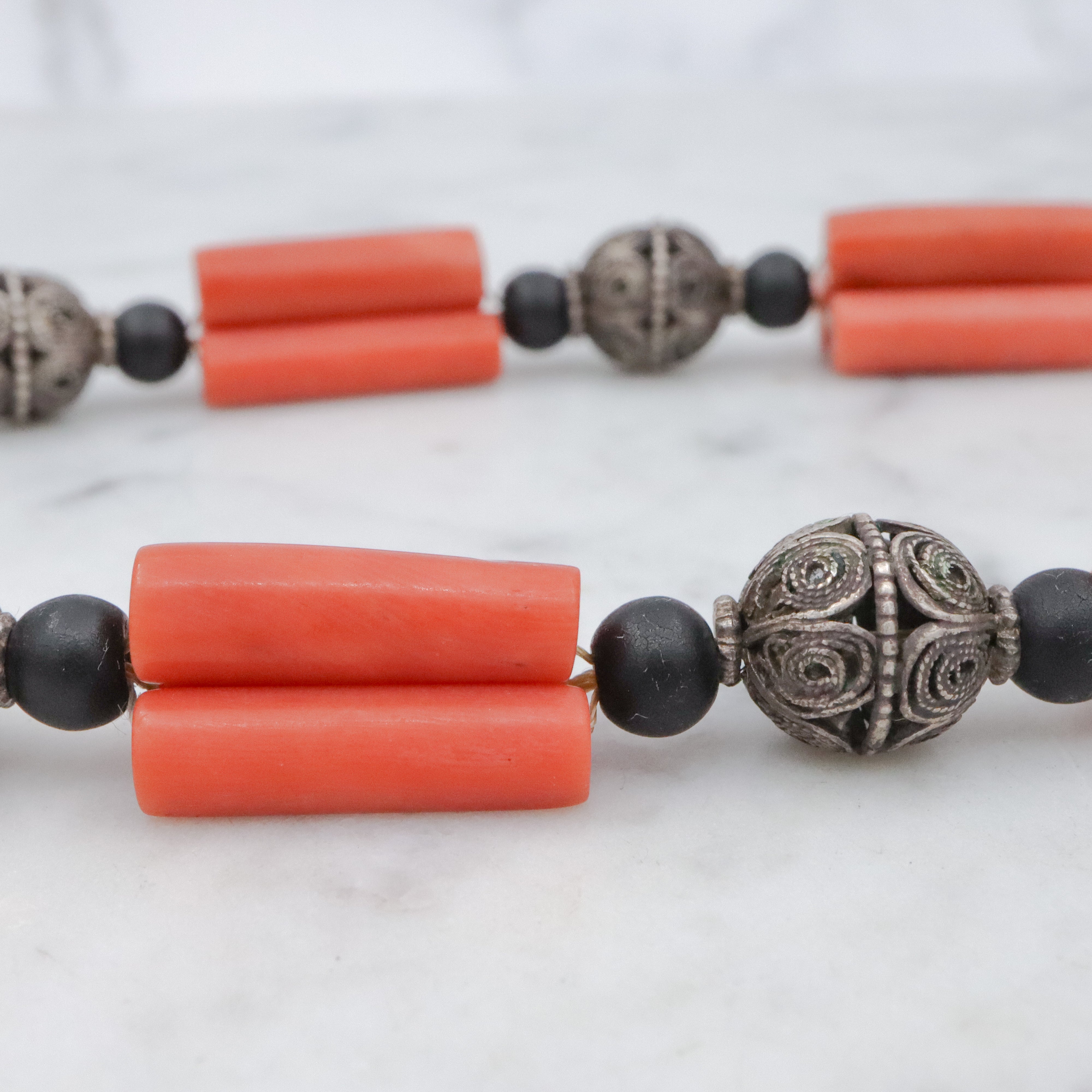 Antique Art Deco coral tube & silver filigree bead link Berber necklace