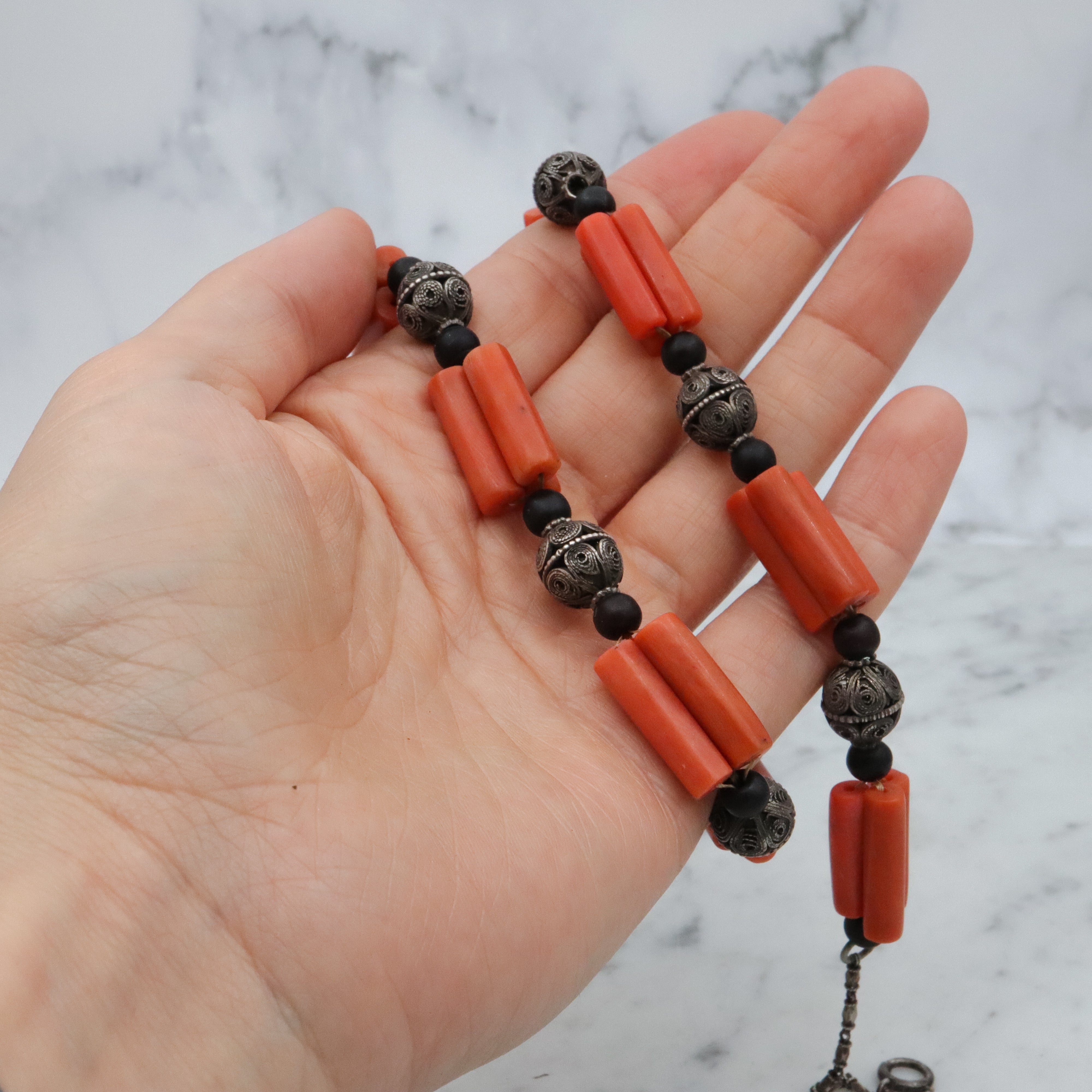 Antique Art Deco coral tube & silver filigree bead link Berber necklace
