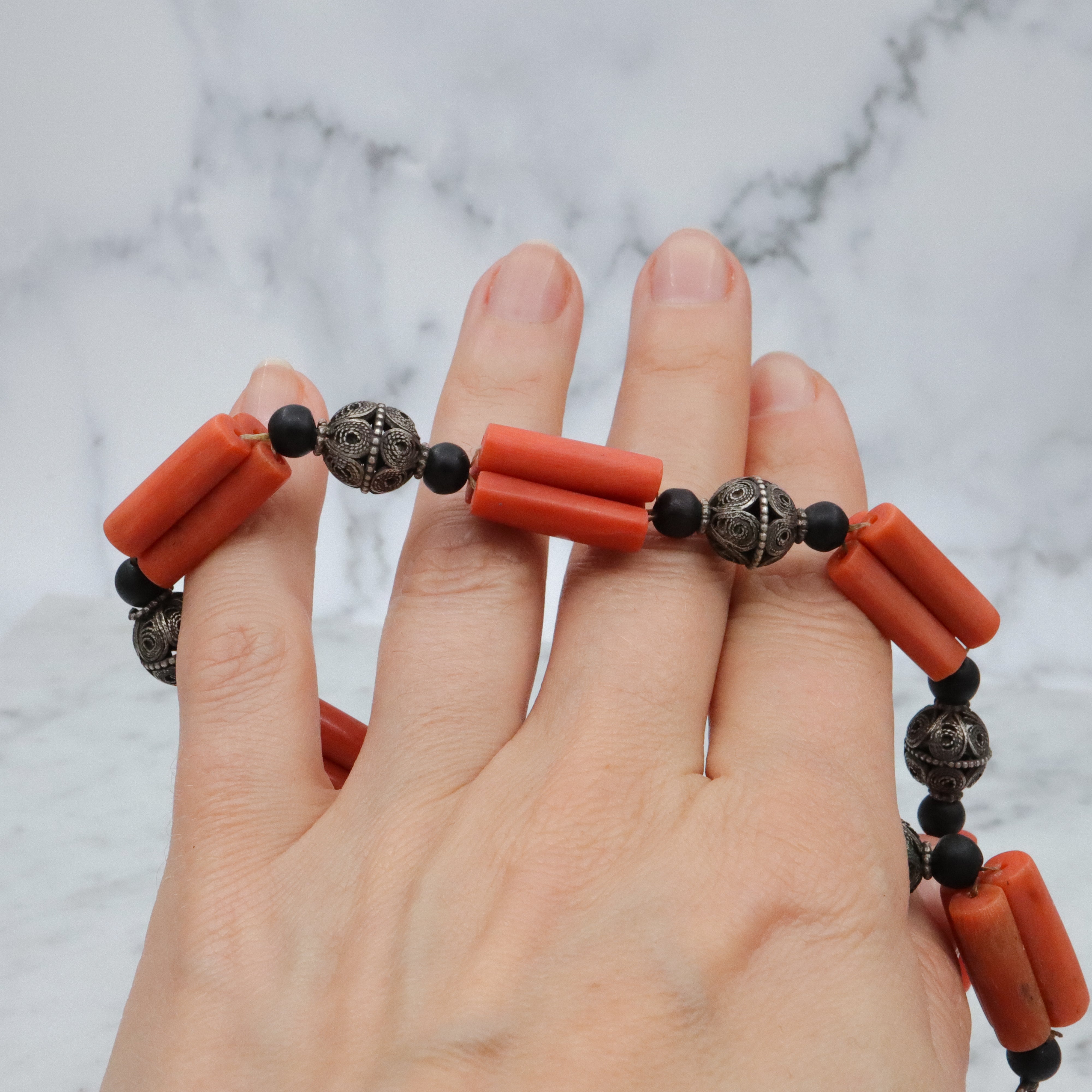 Antique Art Deco coral tube & silver filigree bead link Berber necklace