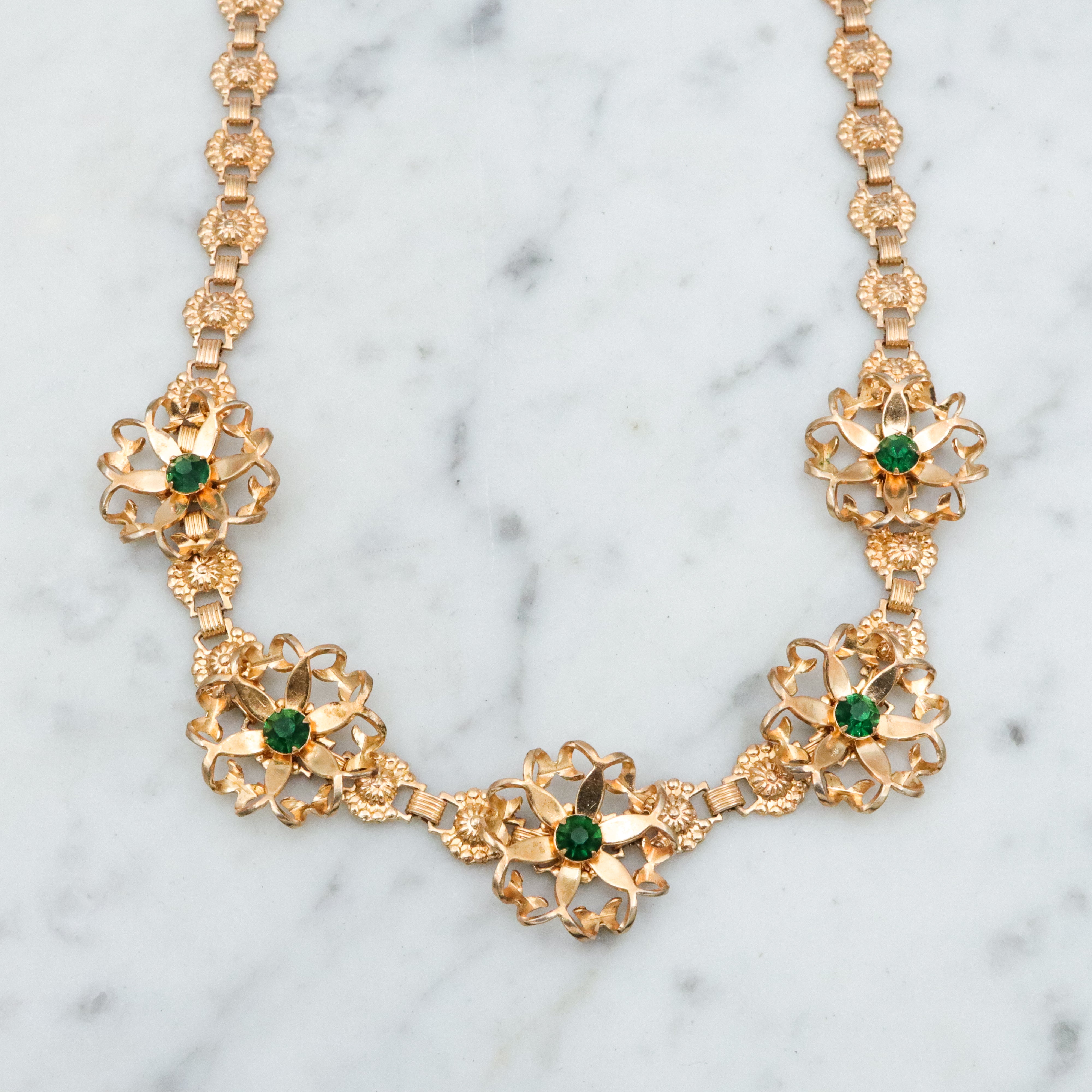 Mid Century gold filled & green rhinestone flower link necklace
