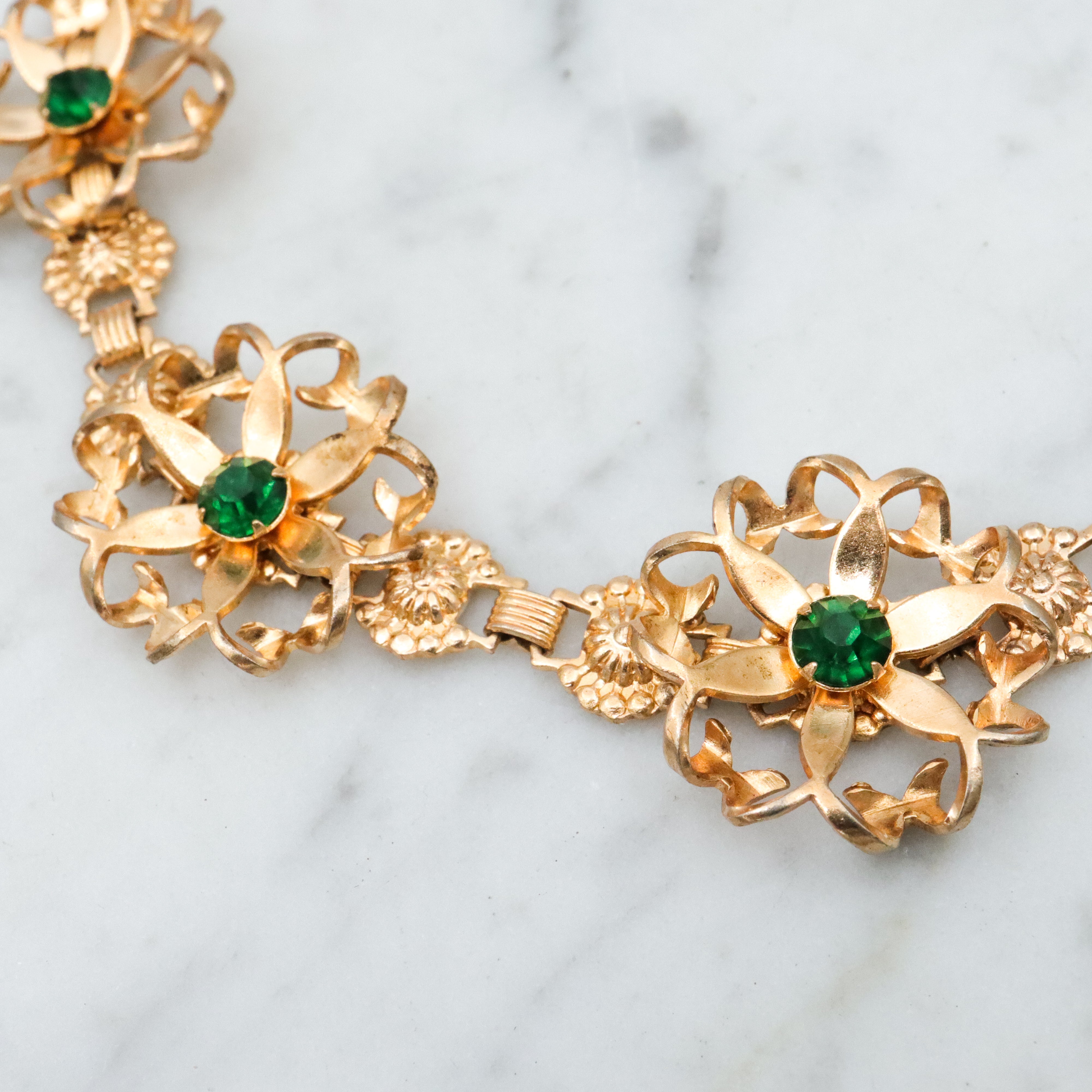 Mid Century gold filled & green rhinestone flower link necklace