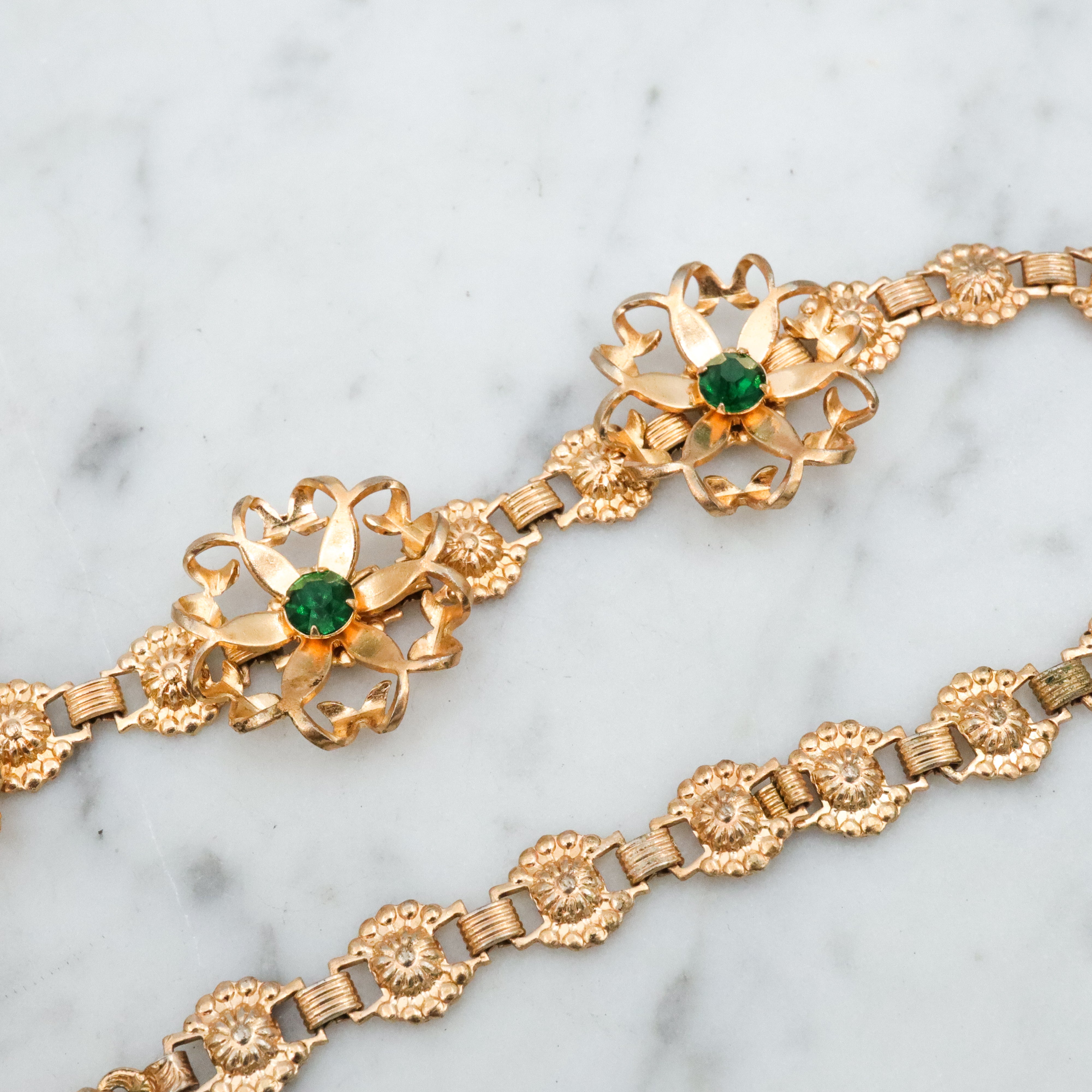Mid Century gold filled & green rhinestone flower link necklace