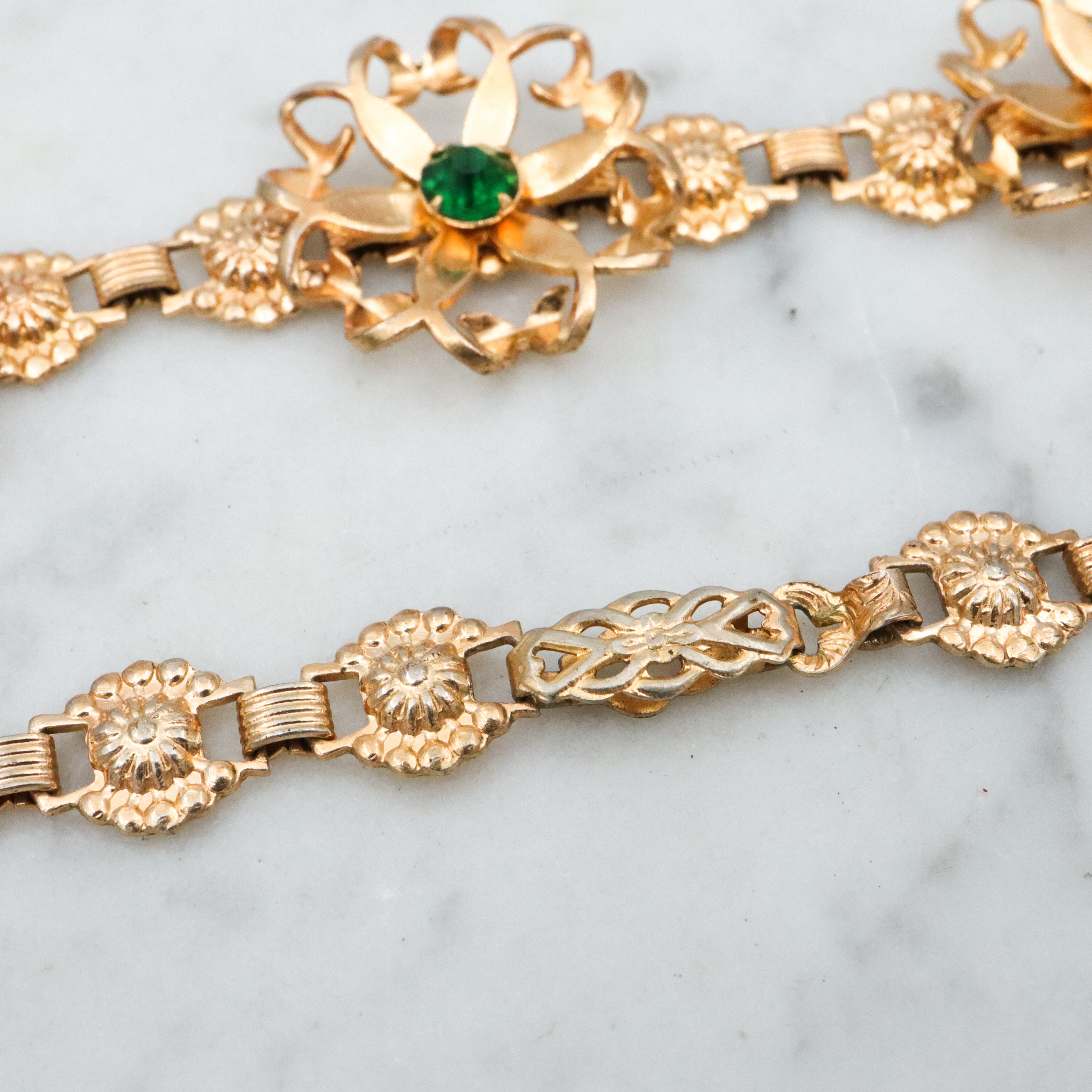Mid Century gold filled & green rhinestone flower link necklace