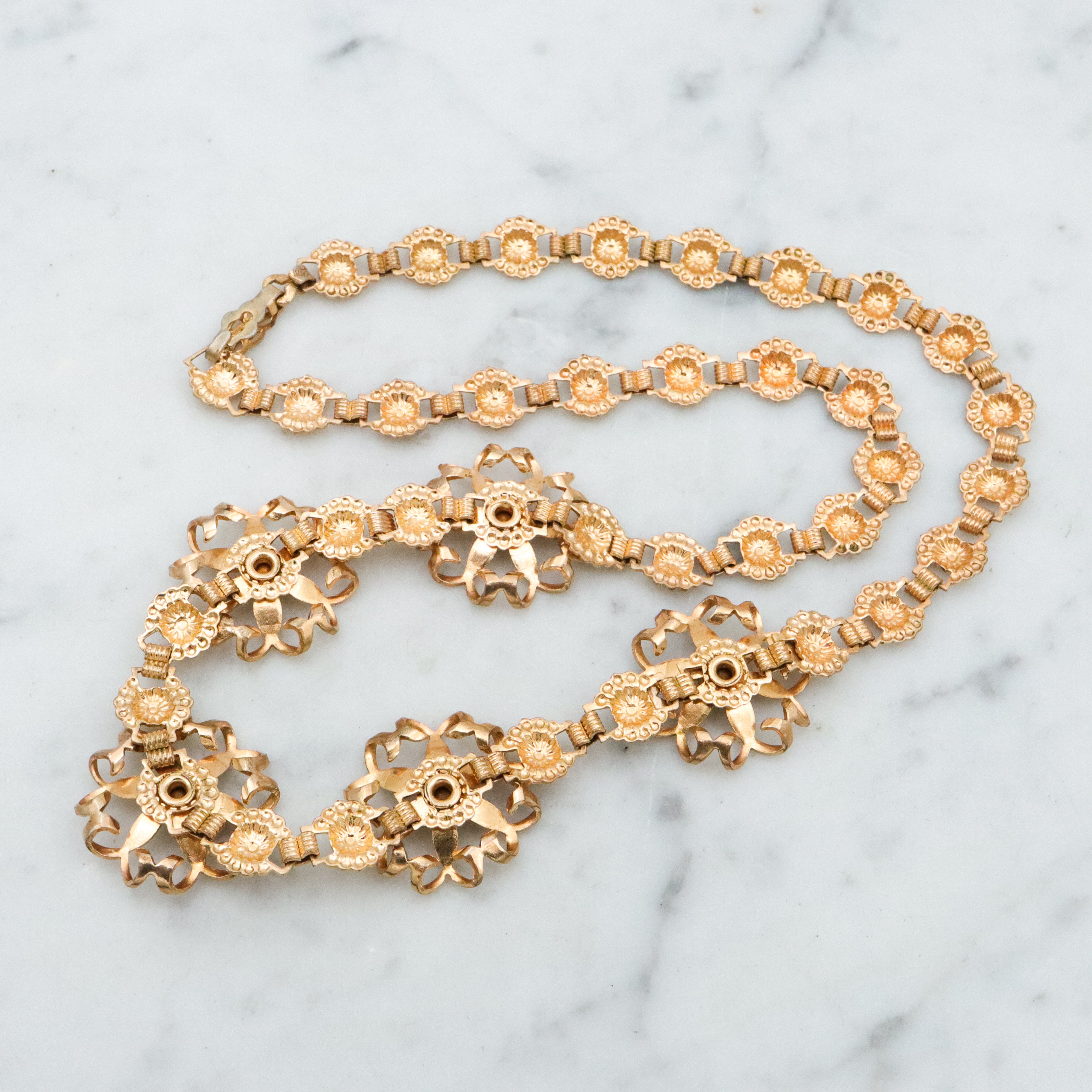 Mid Century gold filled & green rhinestone flower link necklace