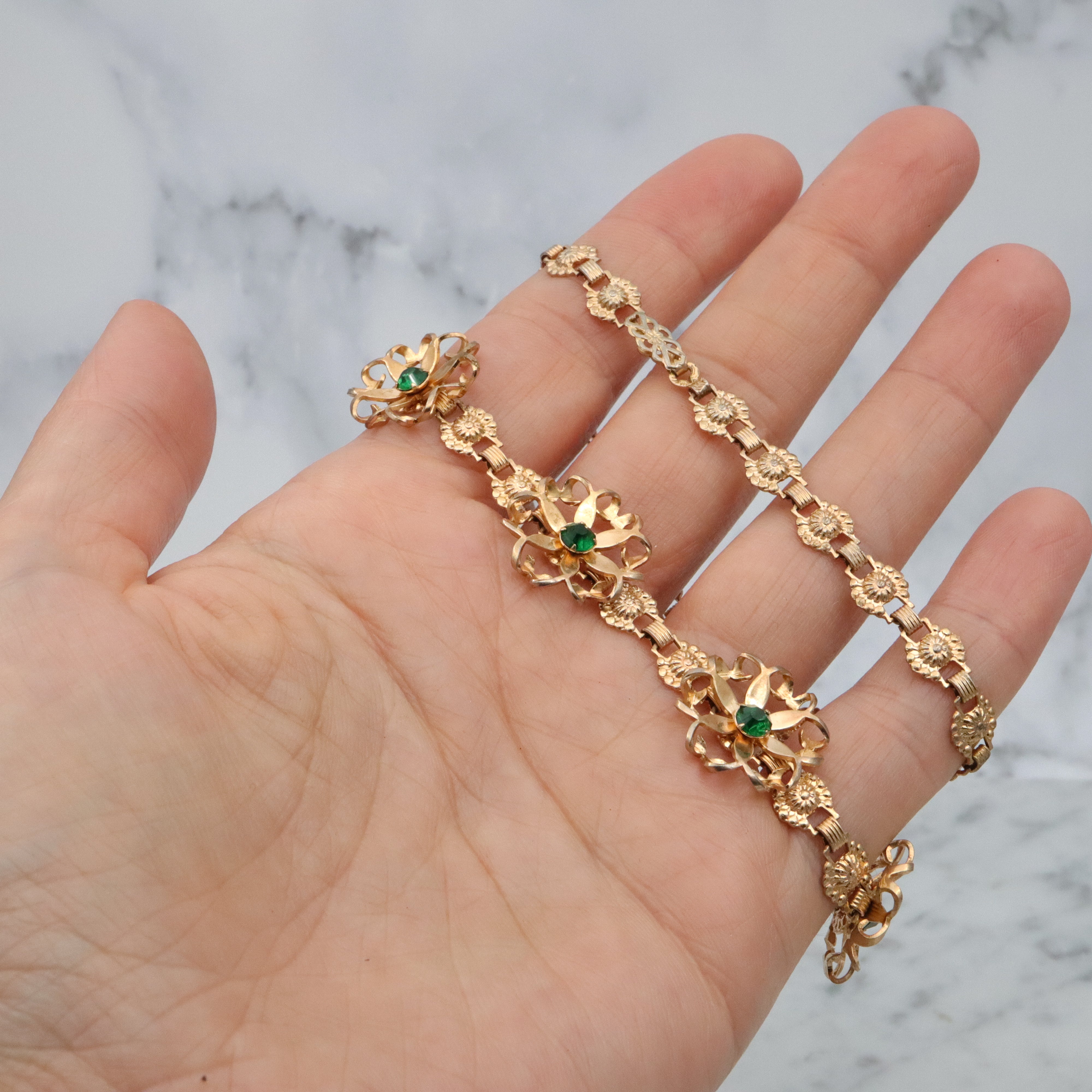 Mid Century gold filled & green rhinestone flower link necklace