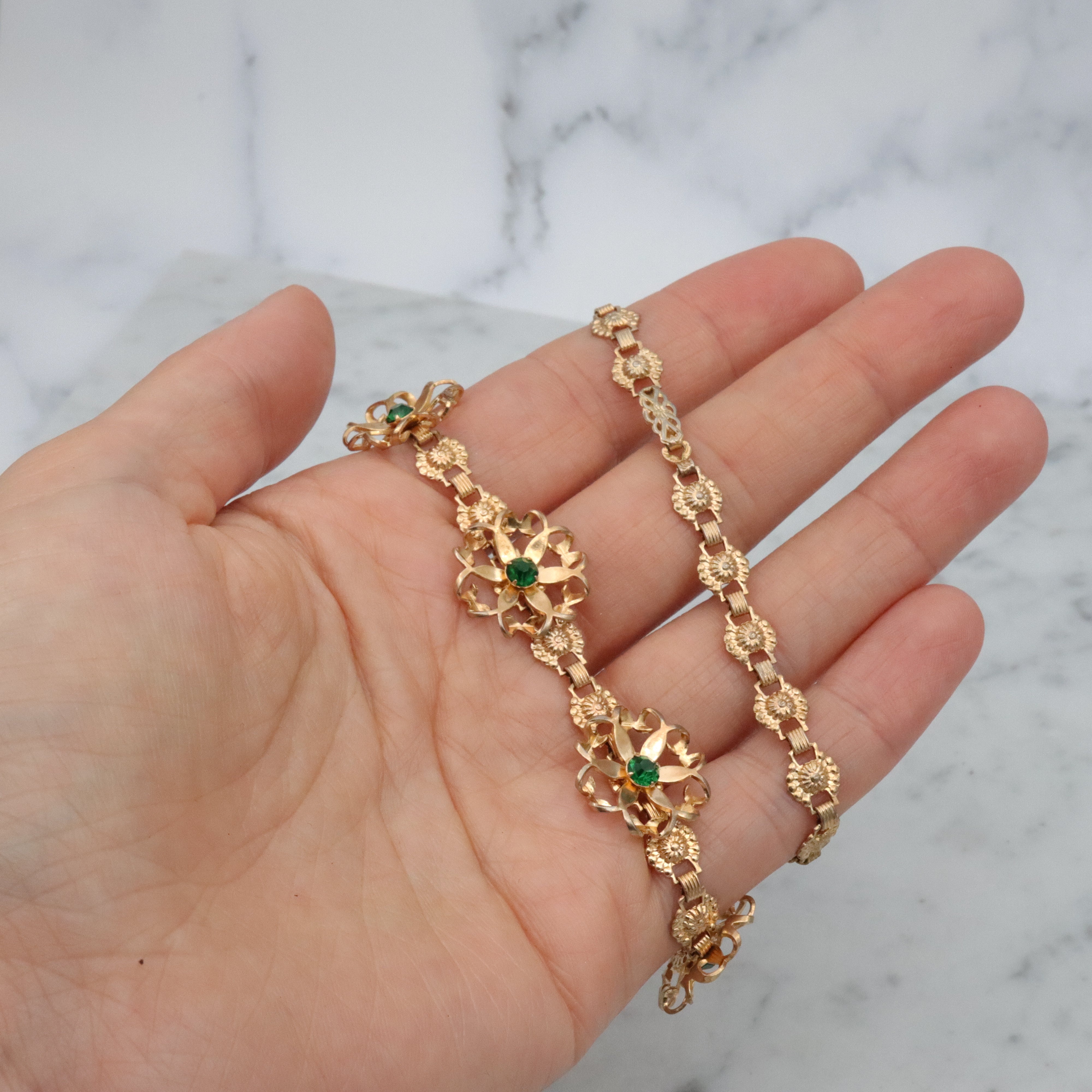 Mid Century gold filled & green rhinestone flower link necklace