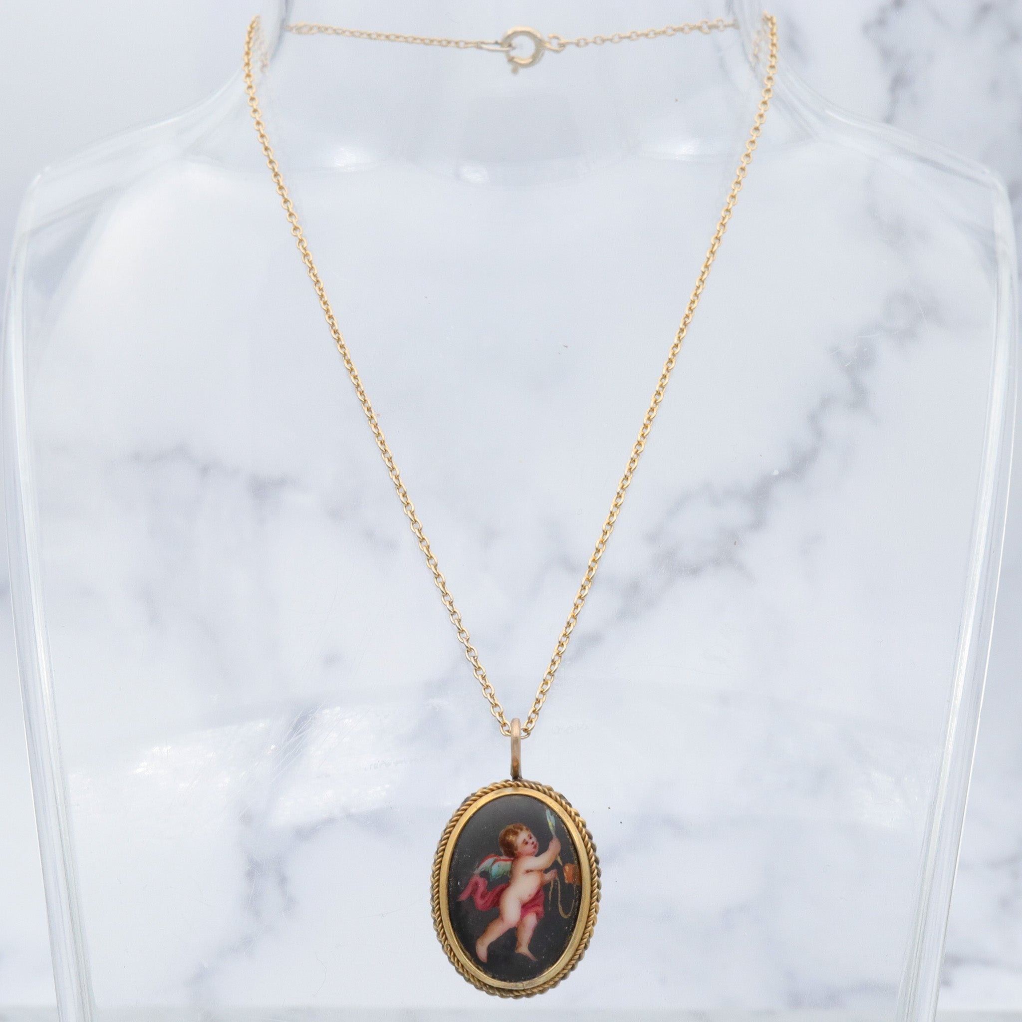 Antique Victorian hand painted winged cherub gilt metal pendant