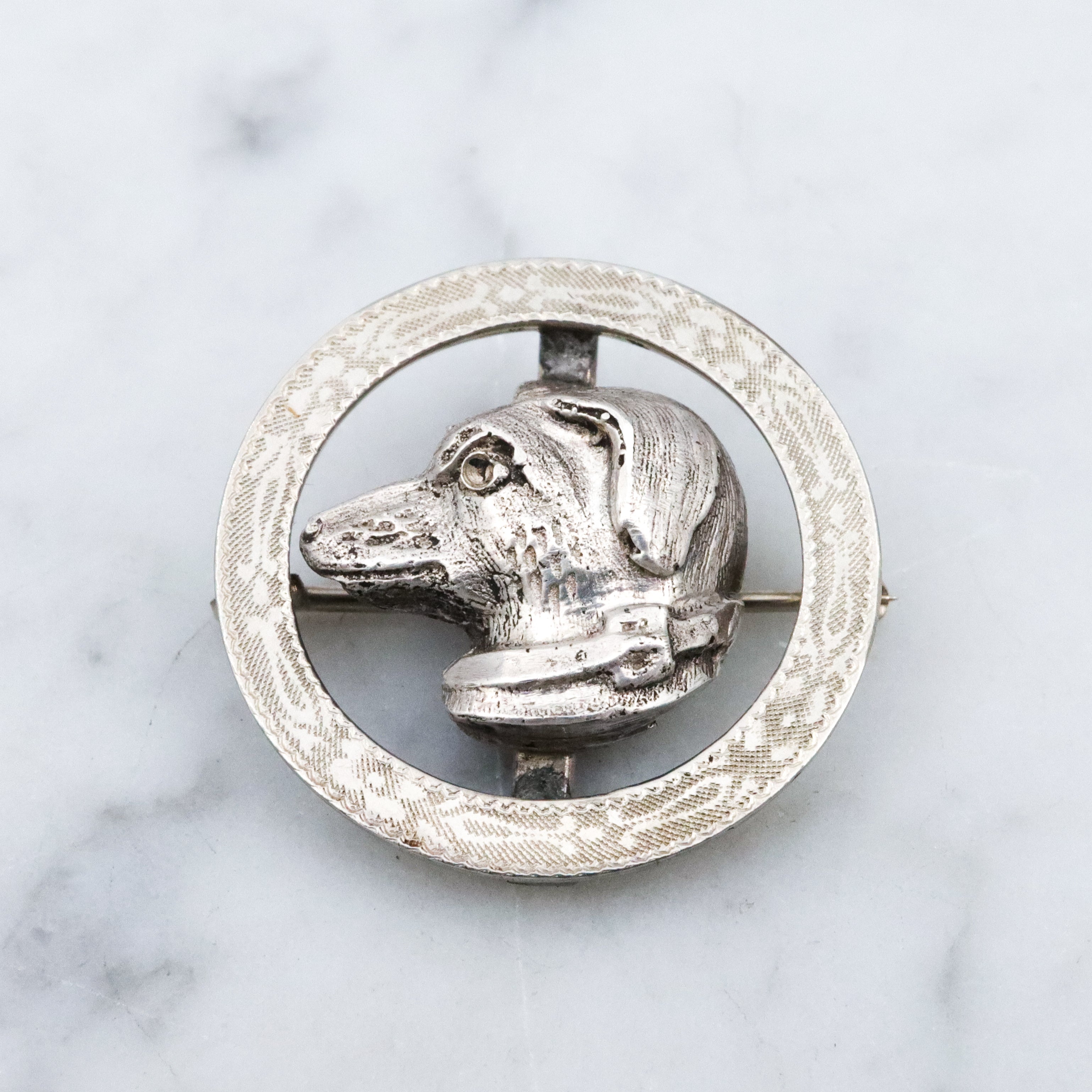 Antique Art Deco 10k white gold & sterling dog circle pin