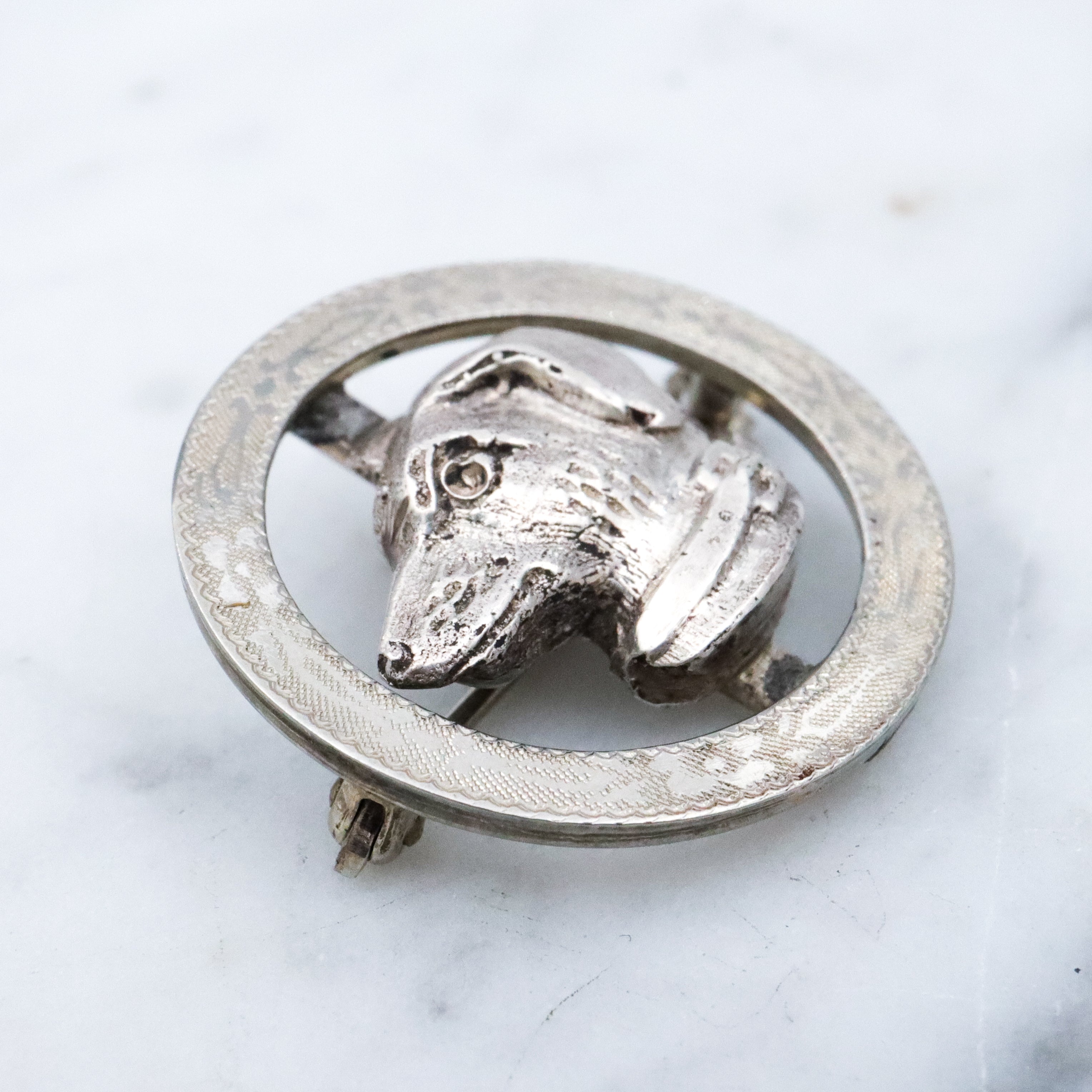 Antique Art Deco 10k white gold & sterling dog circle pin
