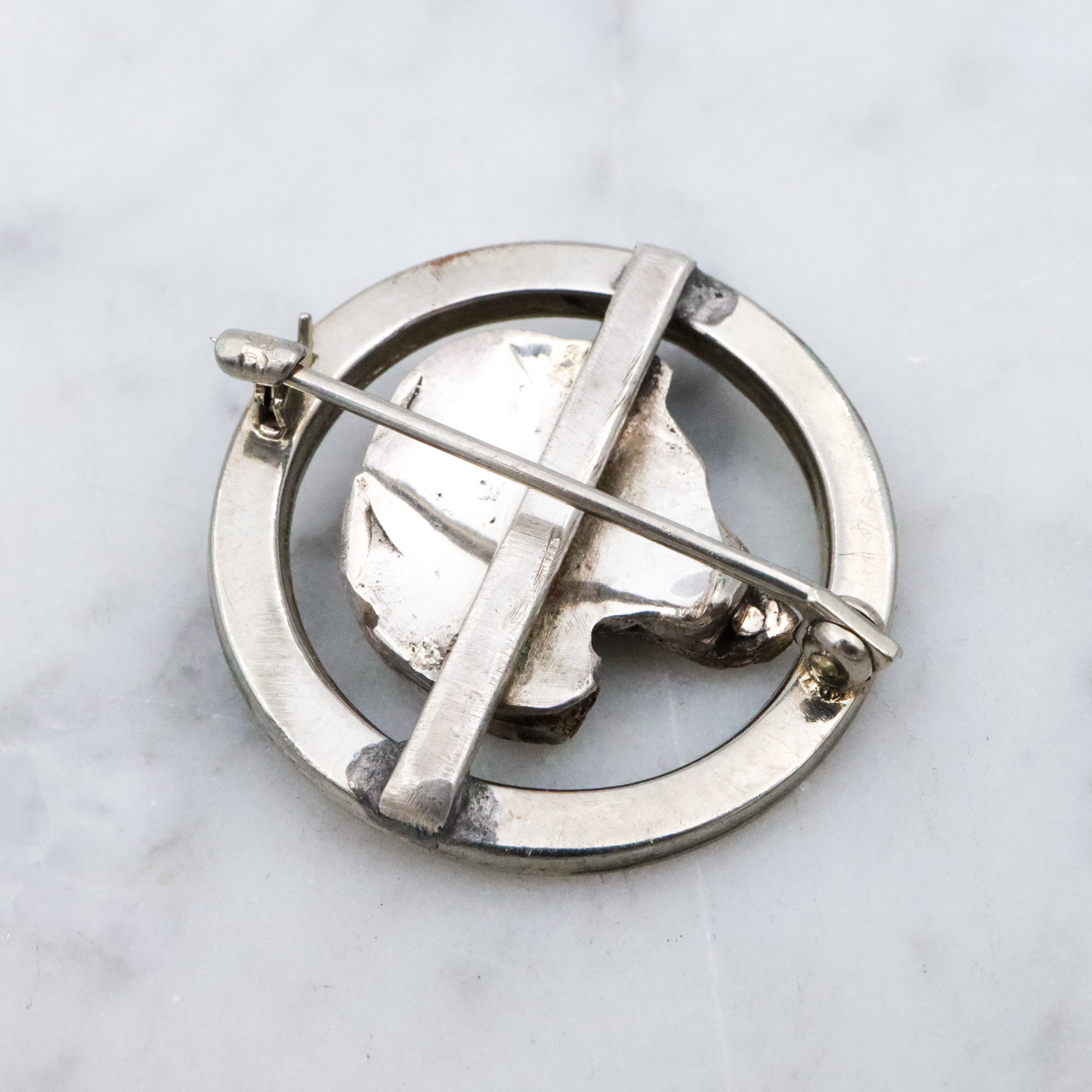 Antique Art Deco 10k white gold & sterling dog circle pin
