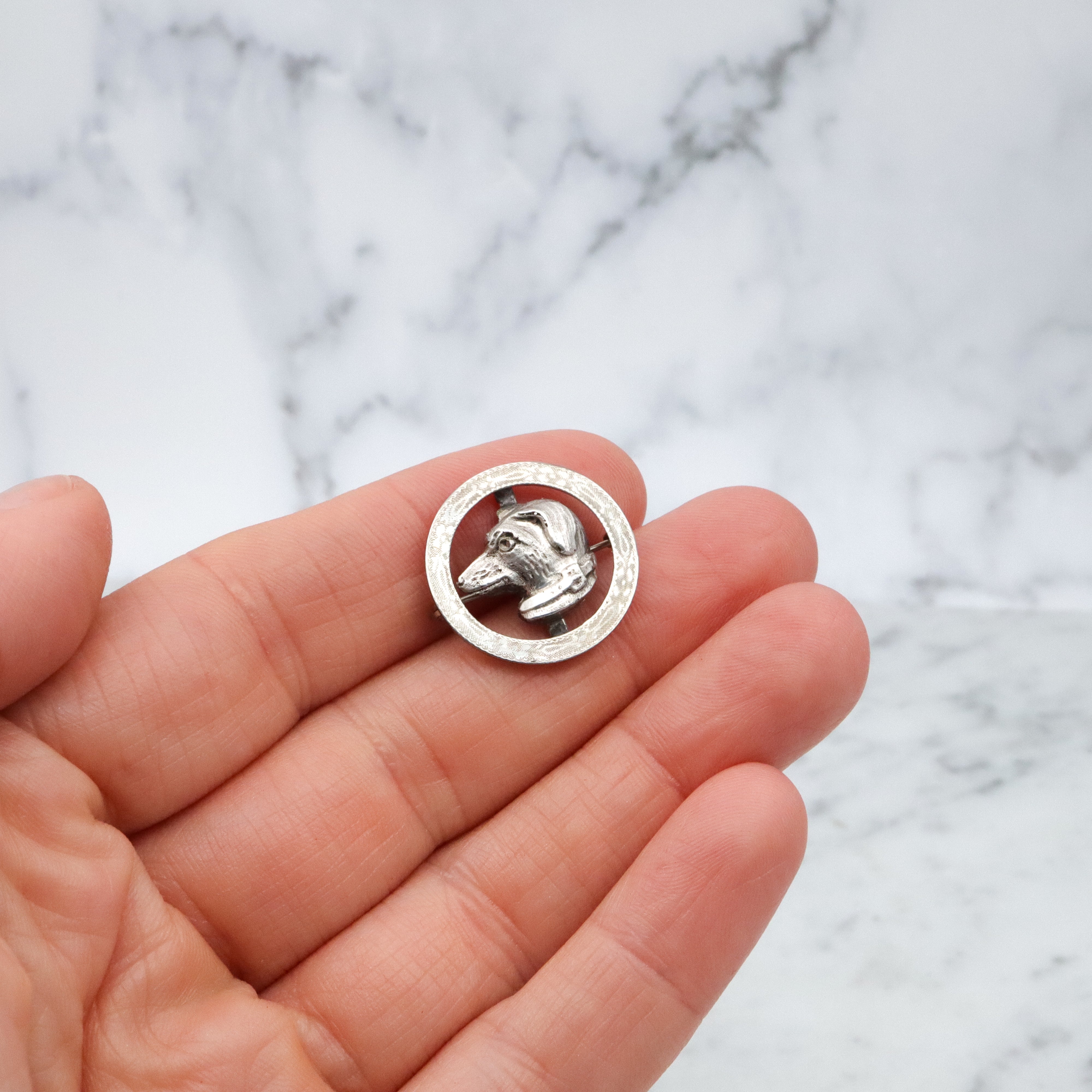 Antique Art Deco 10k white gold & sterling dog circle pin