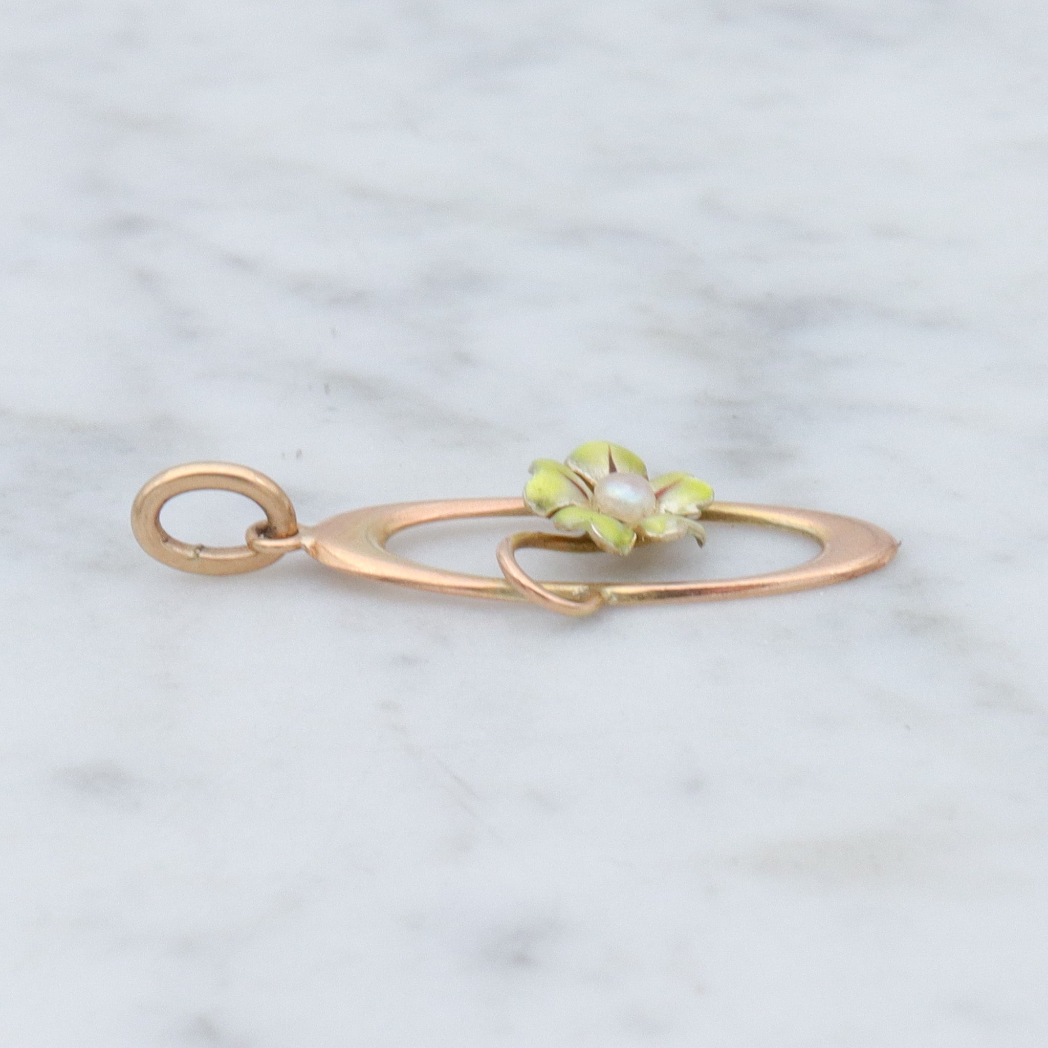 Antique Art Nouveau 10k gold enamel & pearl flower drop pendant