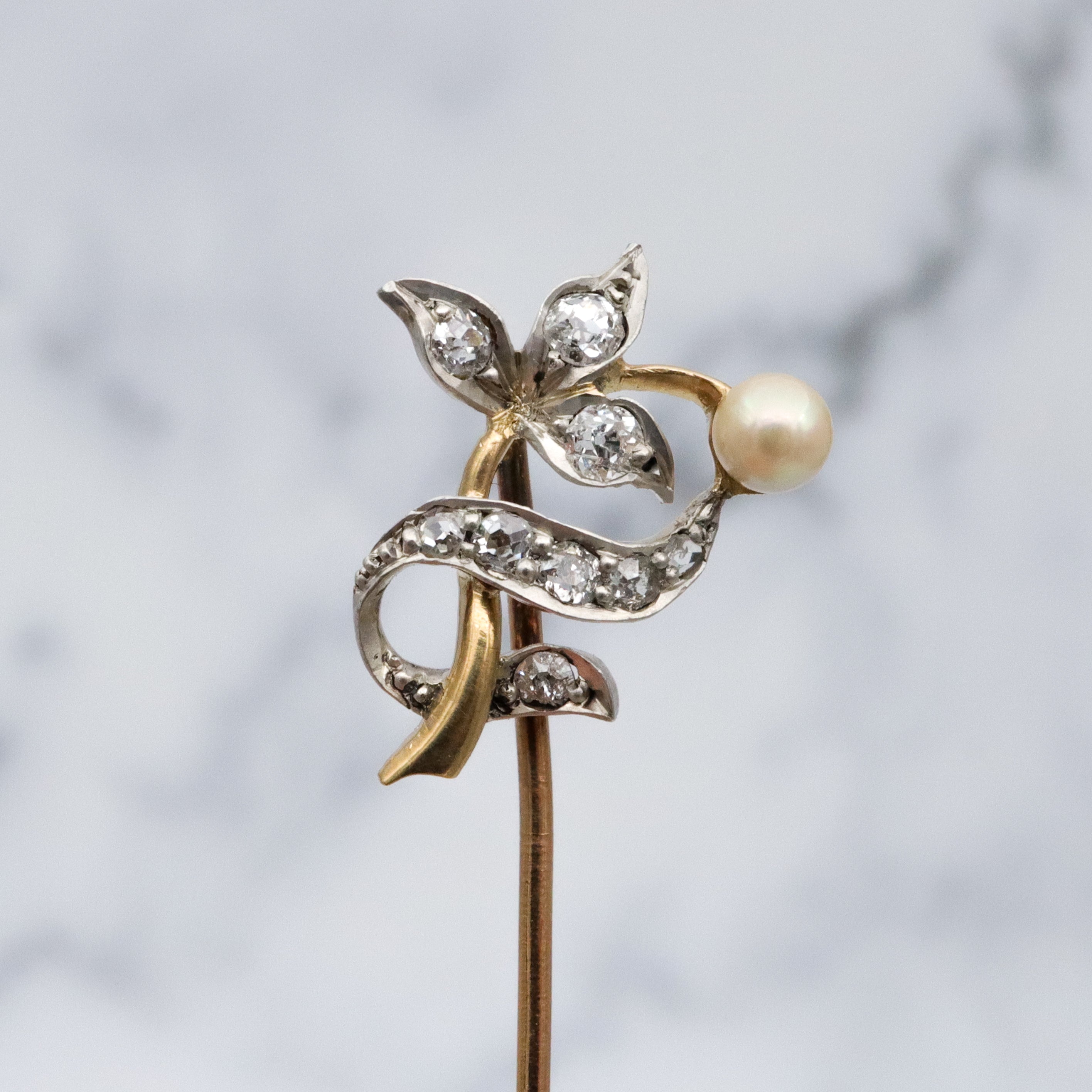 Antique Victorian 18k gold & silver floral stick pin with omc diamond and natural pearl
