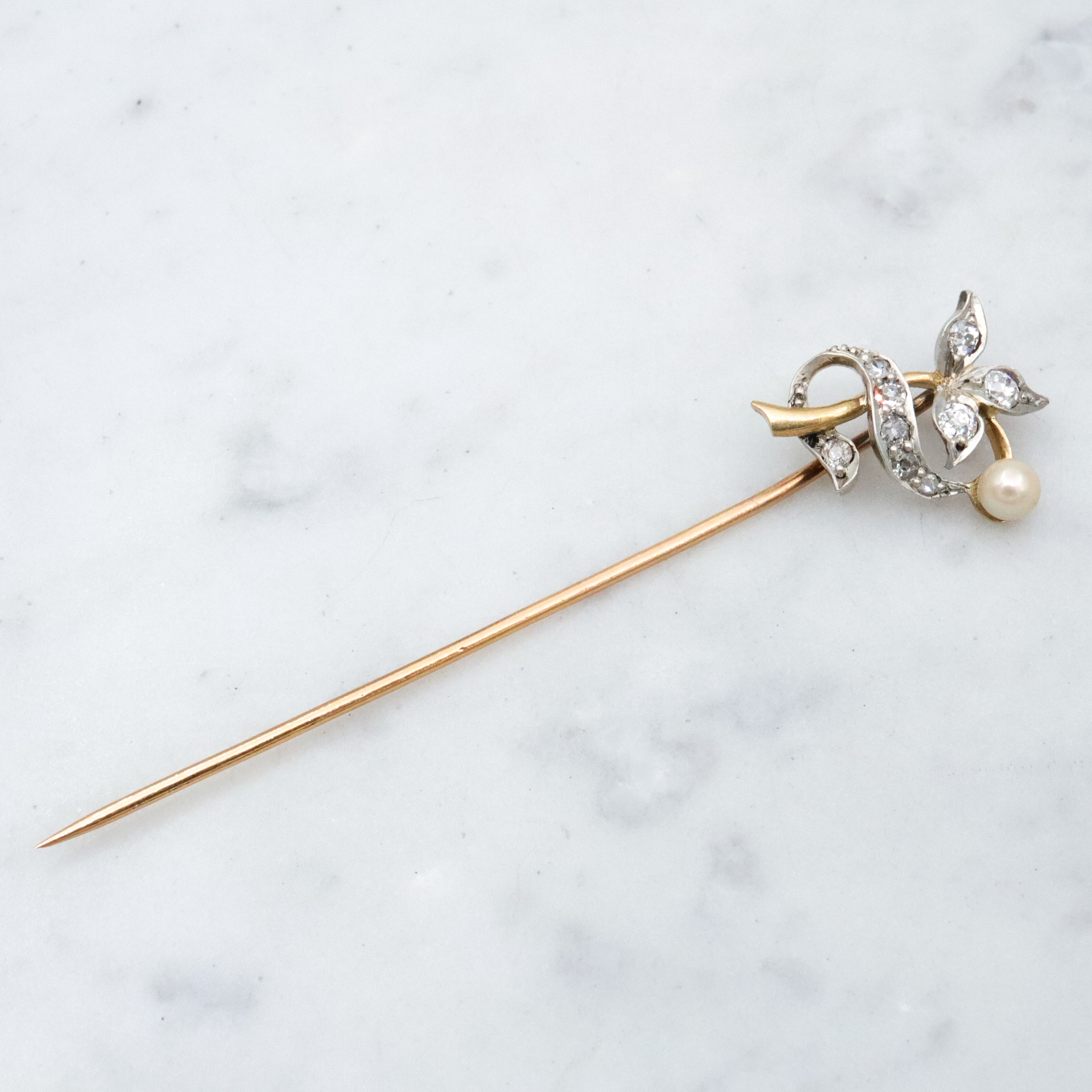 Antique Victorian 18k gold & silver floral stick pin with omc diamond and natural pearl