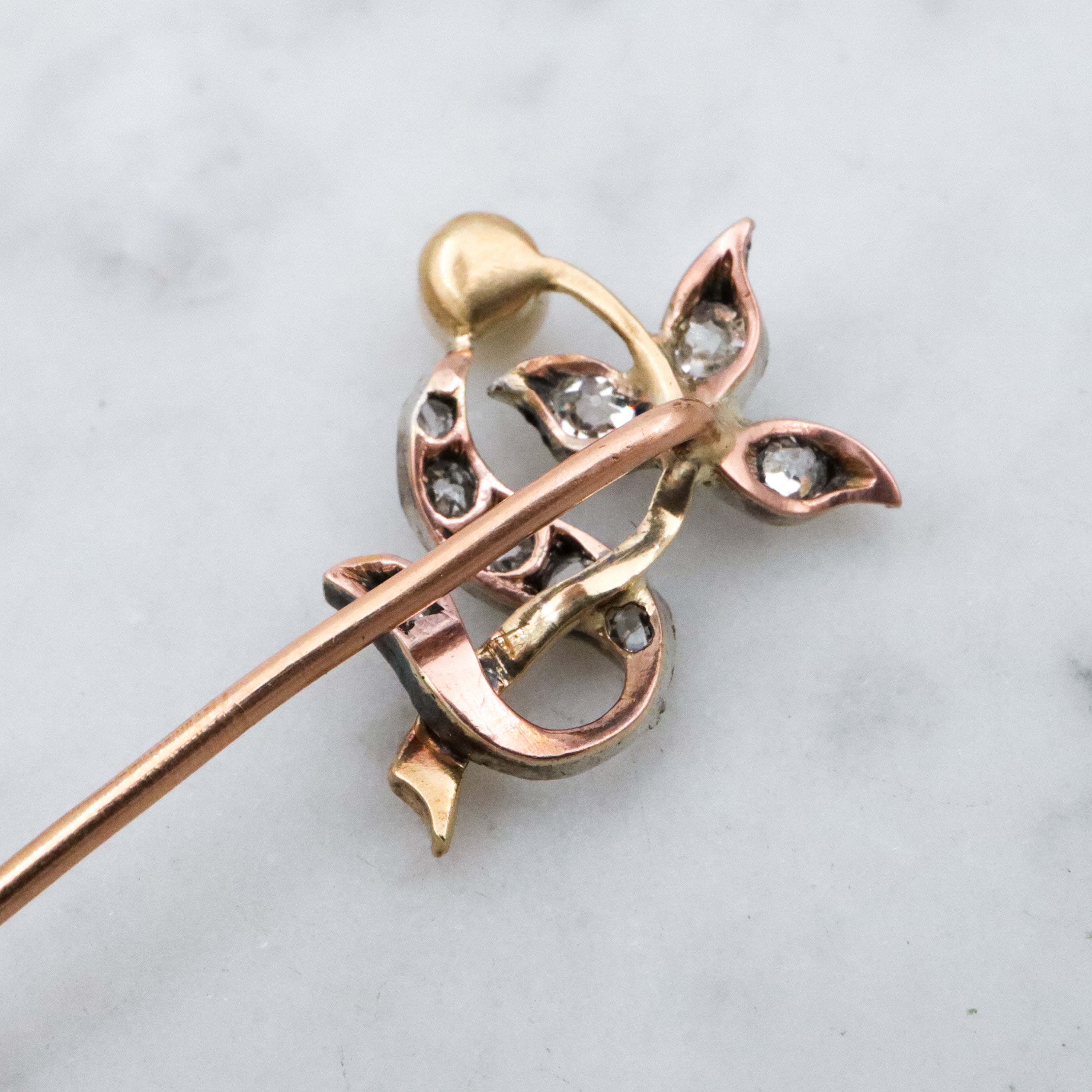 Antique Victorian 18k gold & silver floral stick pin with omc diamond and natural pearl