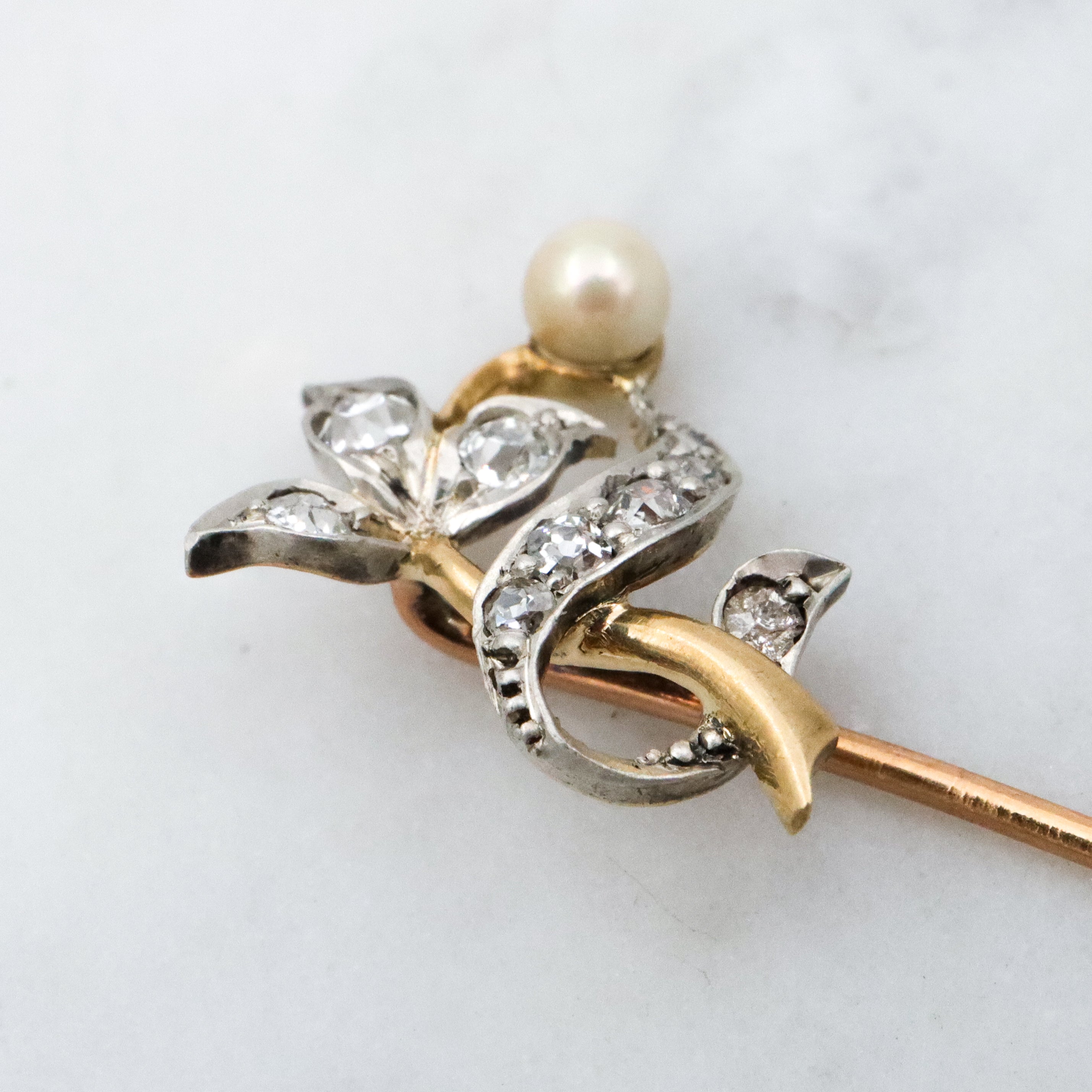 Antique Victorian 18k gold & silver floral stick pin with omc diamond and natural pearl