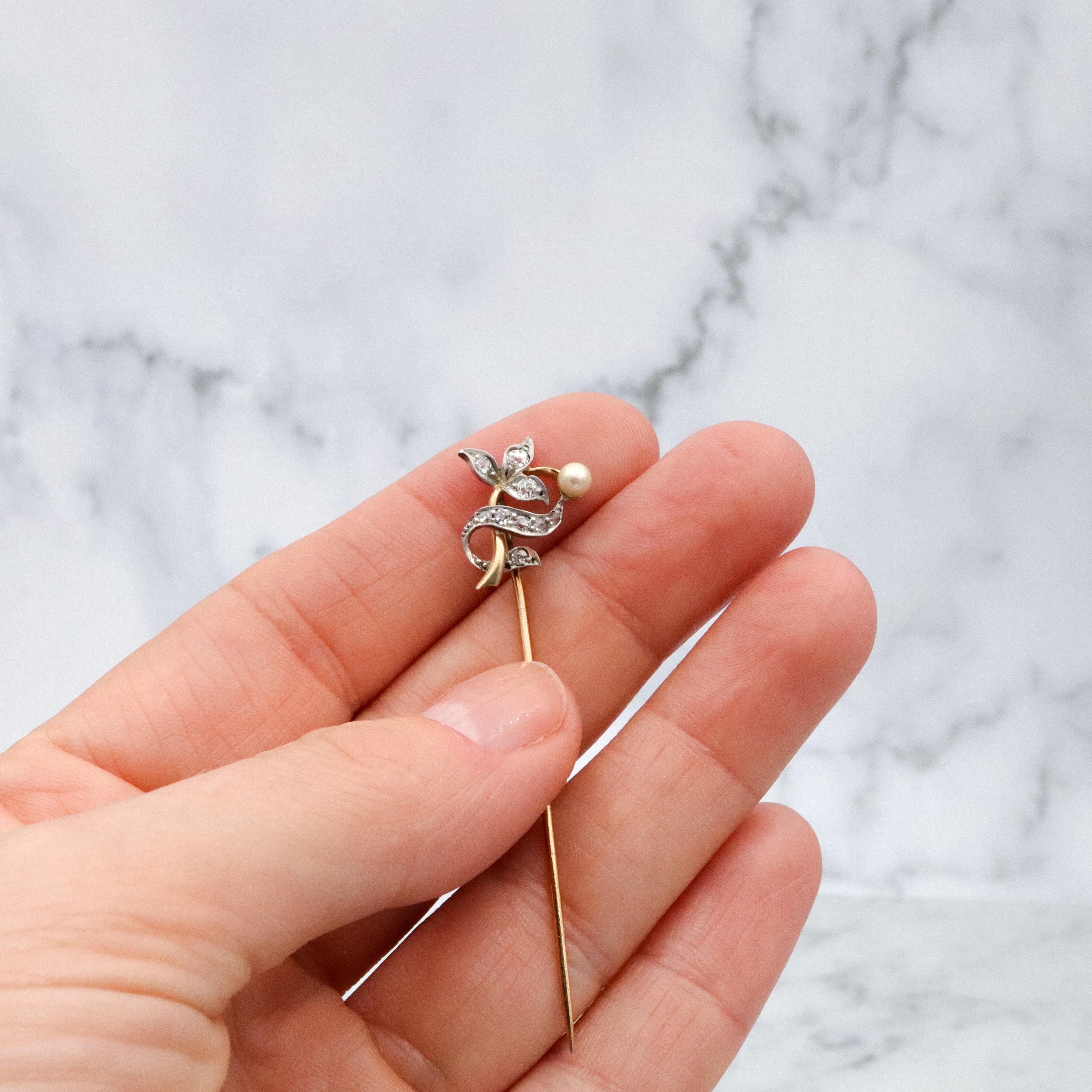 Antique Victorian 18k gold & silver floral stick pin with omc diamond and natural pearl