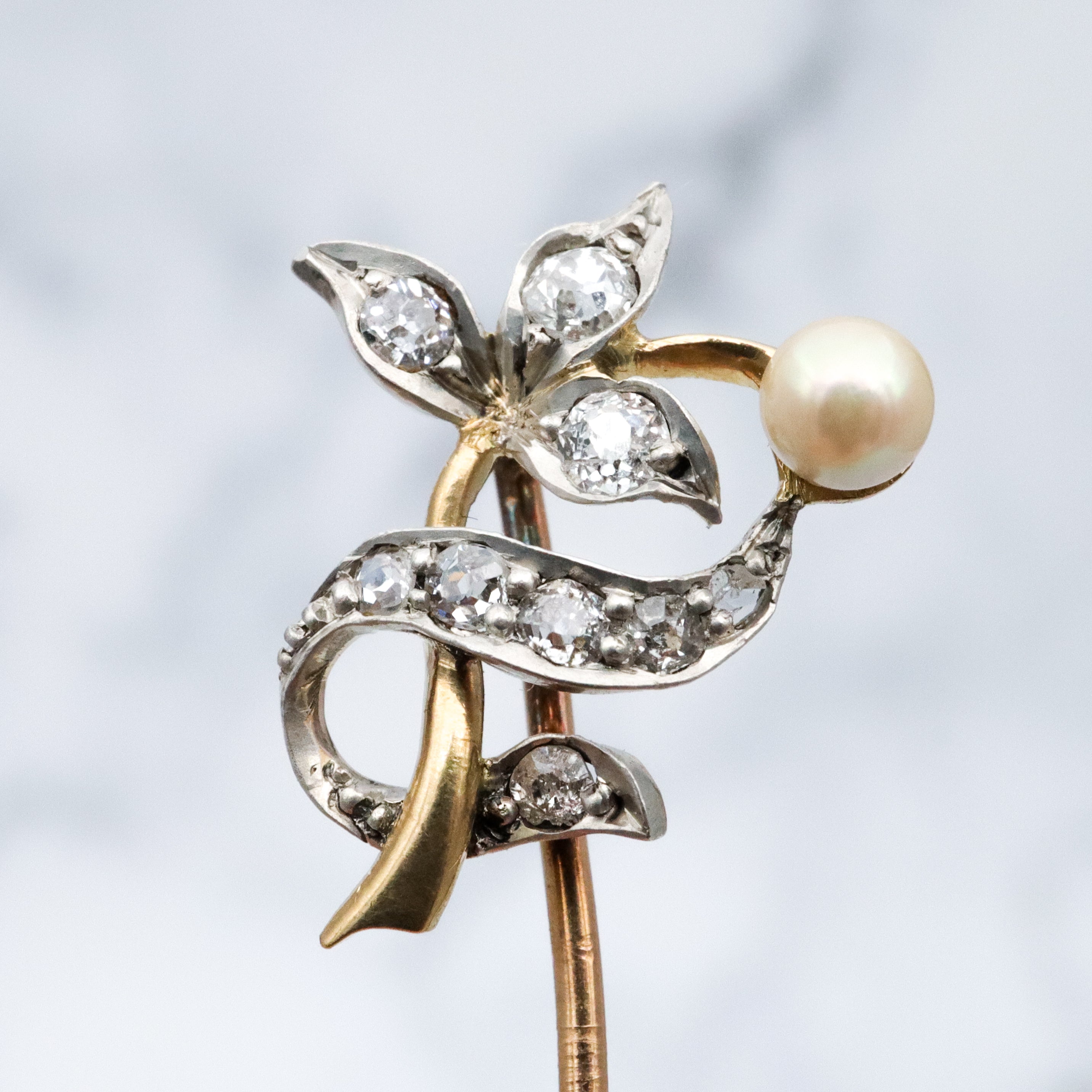 Antique Victorian 18k gold & silver floral stick pin with omc diamond and natural pearl
