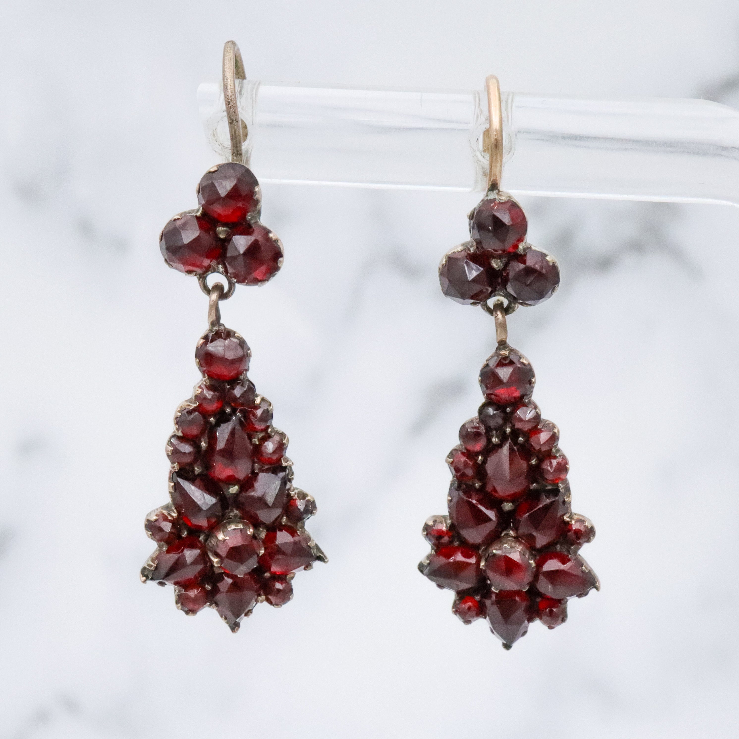Antique Victorian gilt silver bohemian rose cut garnet drop earrings