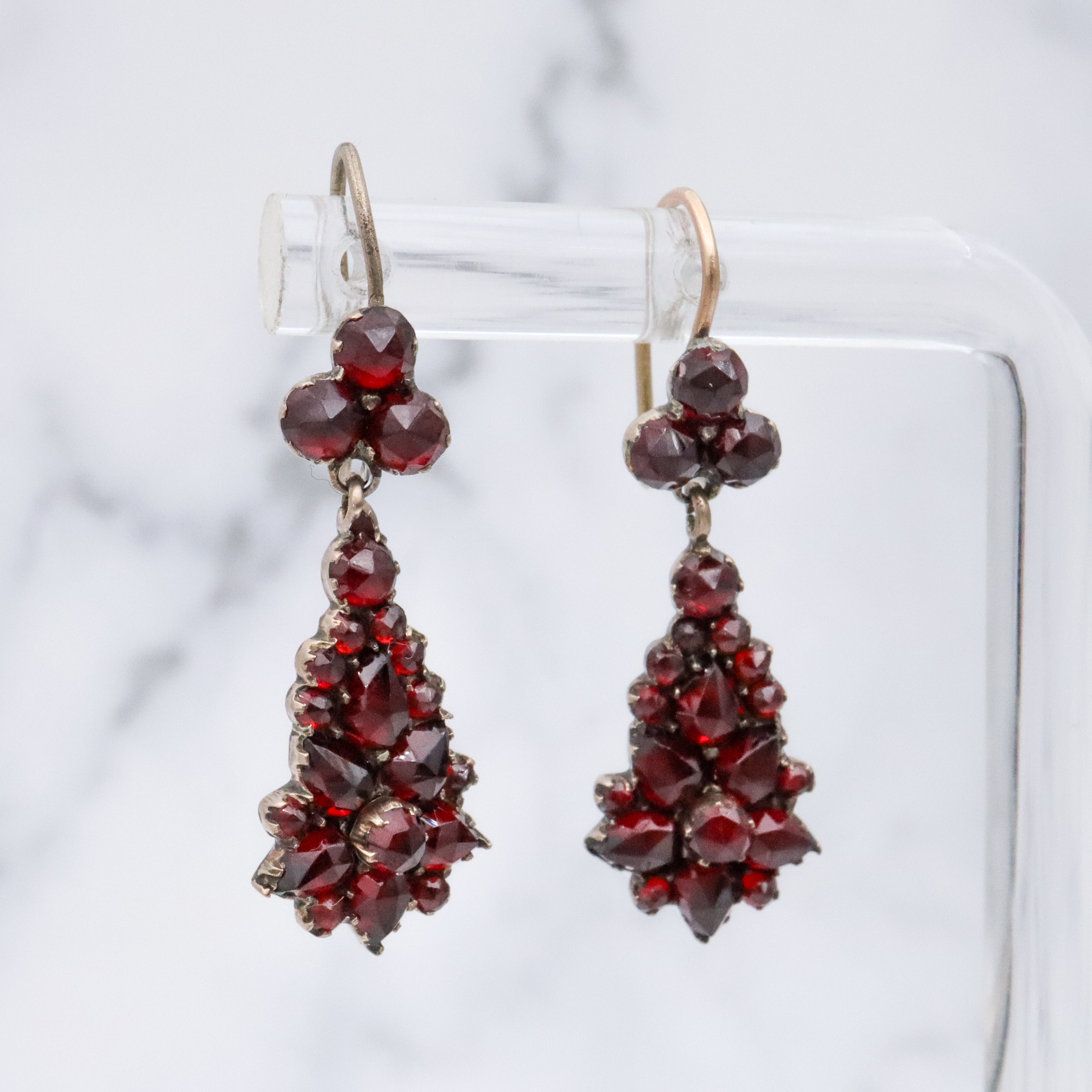 Antique Victorian gilt silver bohemian rose cut garnet drop earrings