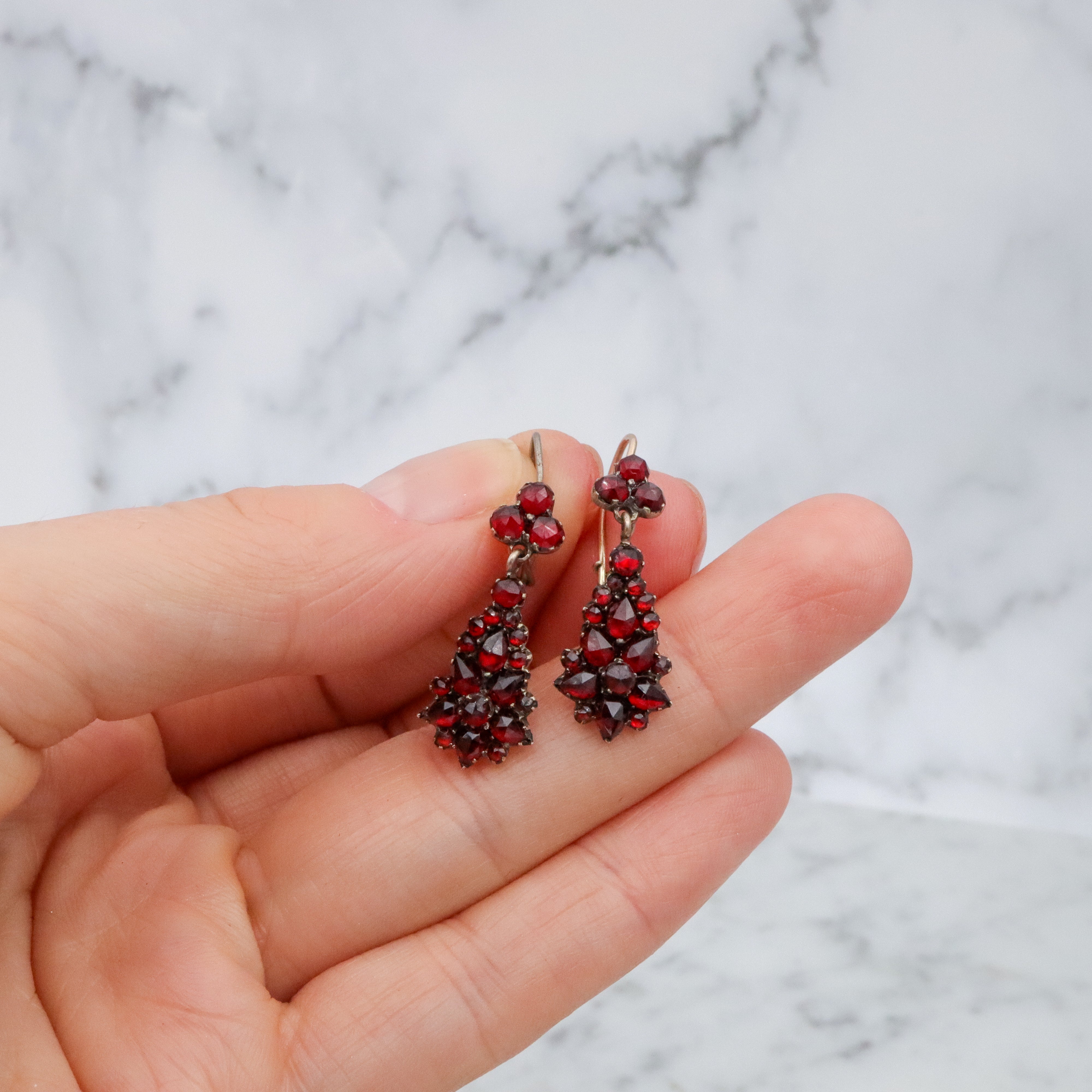 Antique Victorian gilt silver bohemian rose cut garnet drop earrings