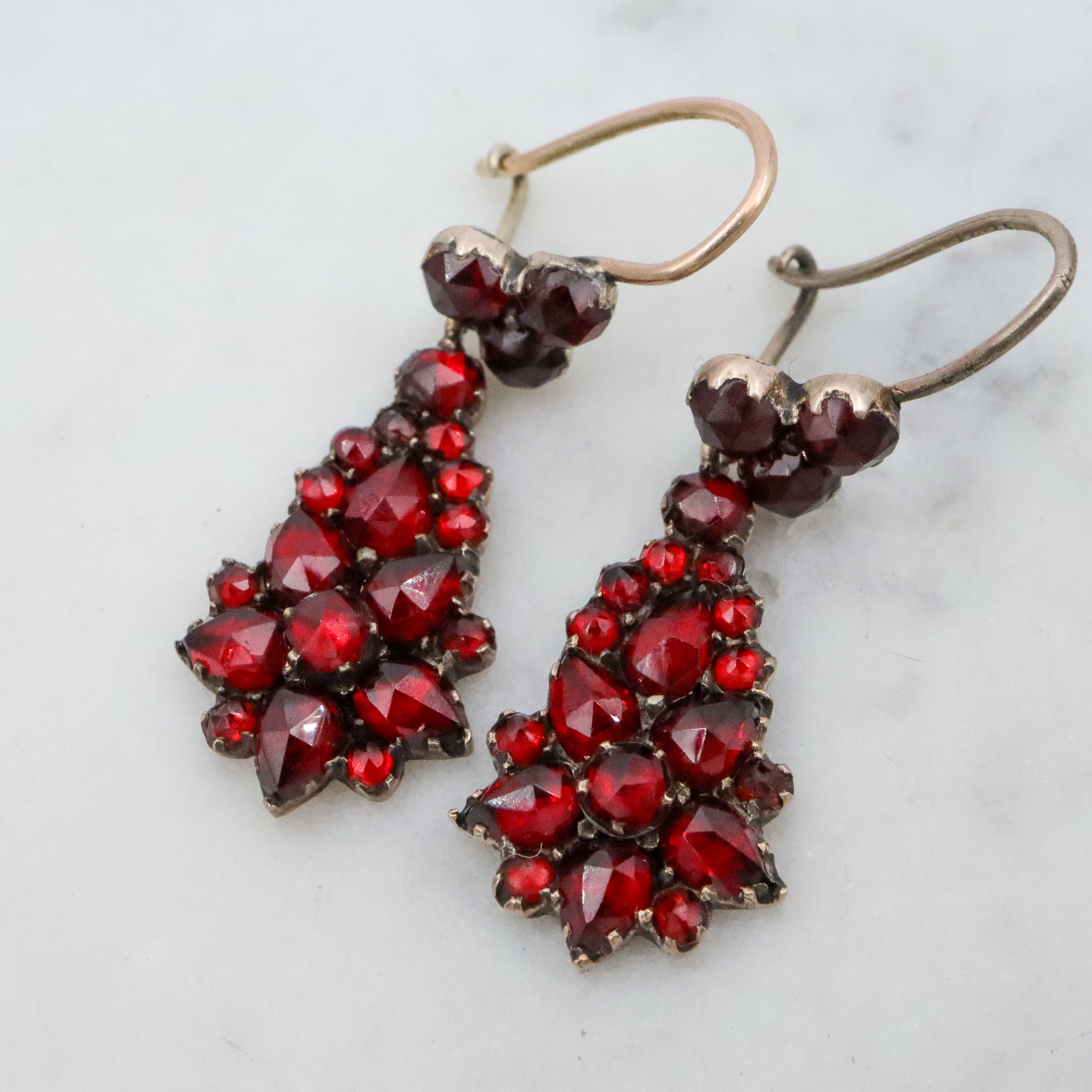 Antique Victorian gilt silver bohemian rose cut garnet drop earrings