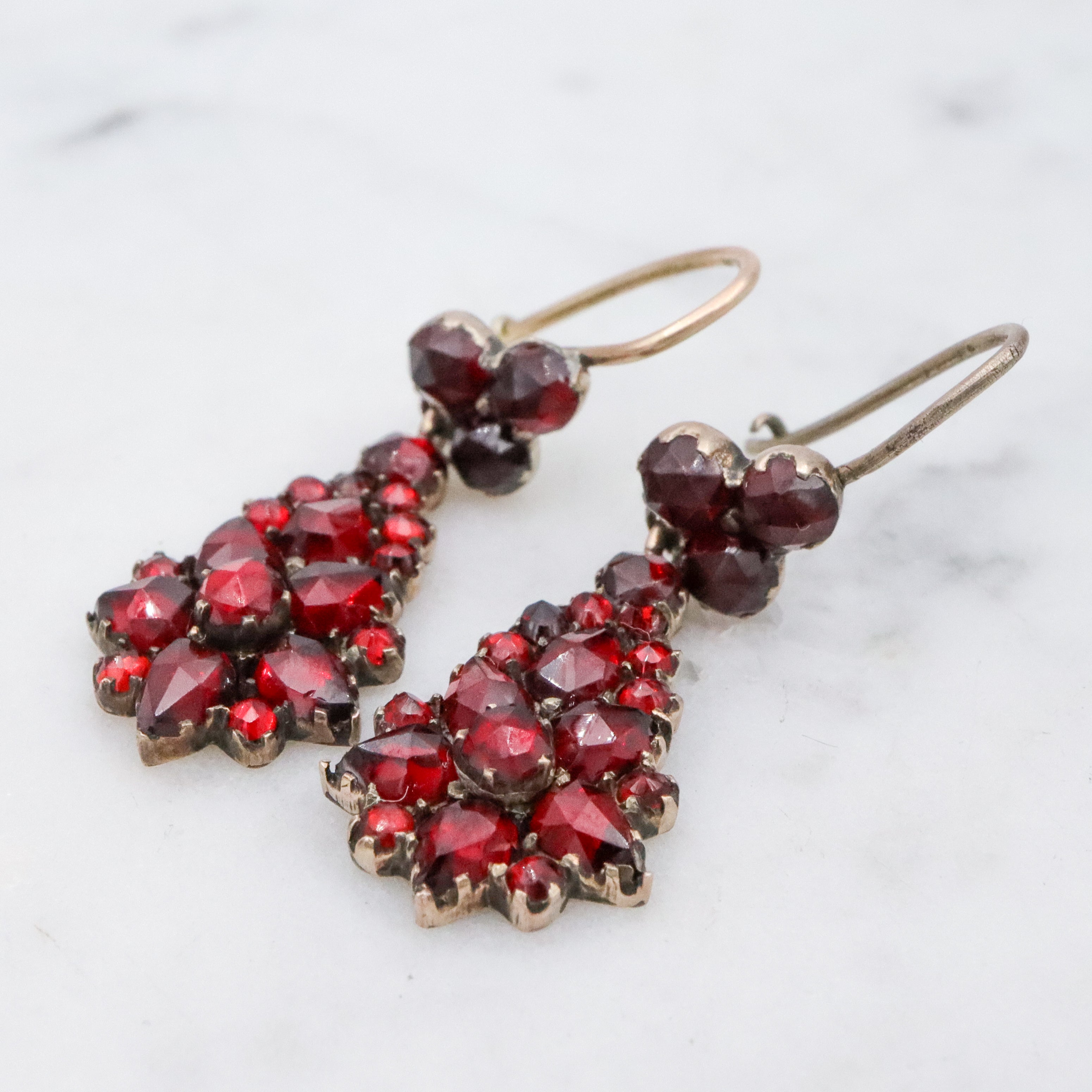 Antique Victorian gilt silver bohemian rose cut garnet drop earrings