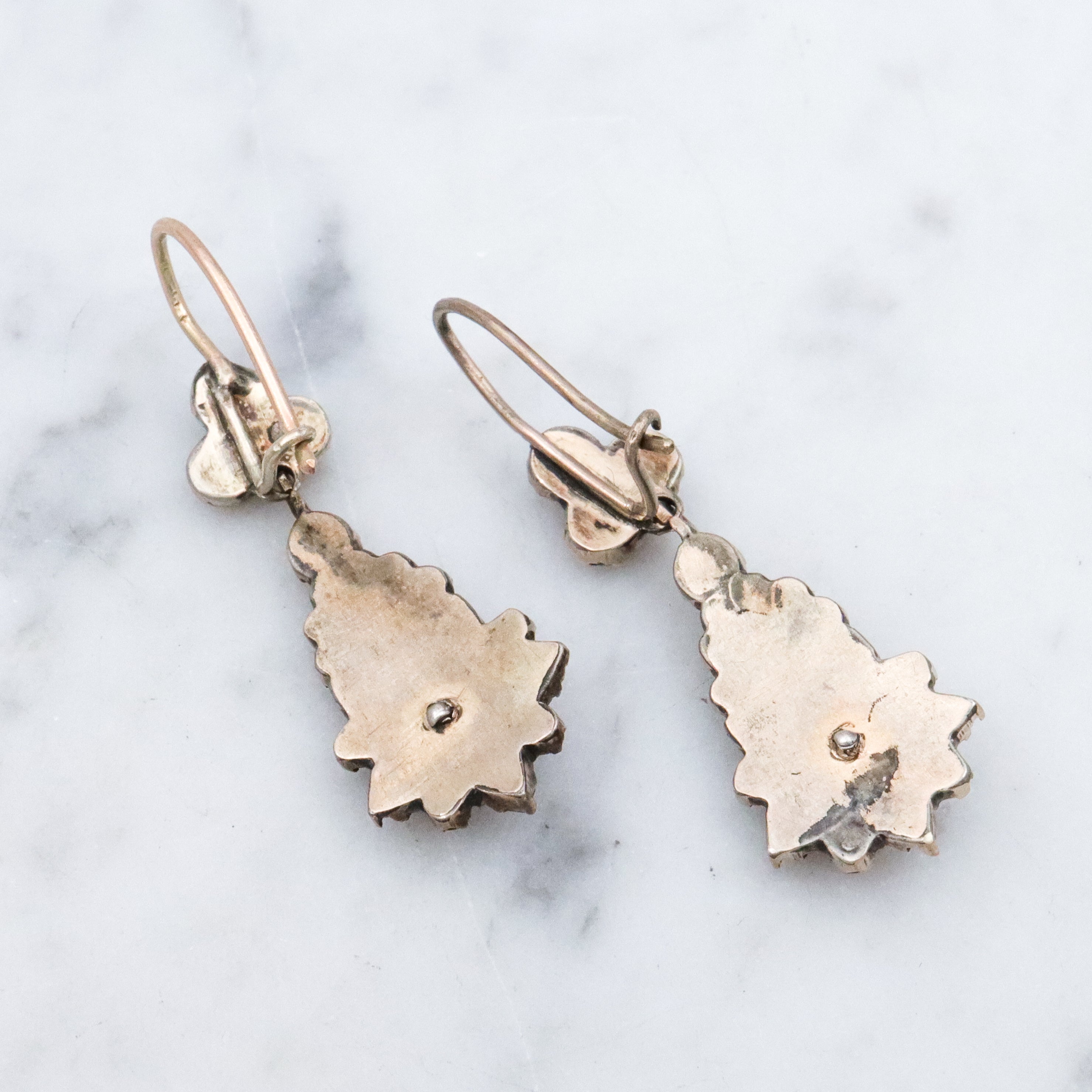 Antique Victorian gilt silver bohemian rose cut garnet drop earrings