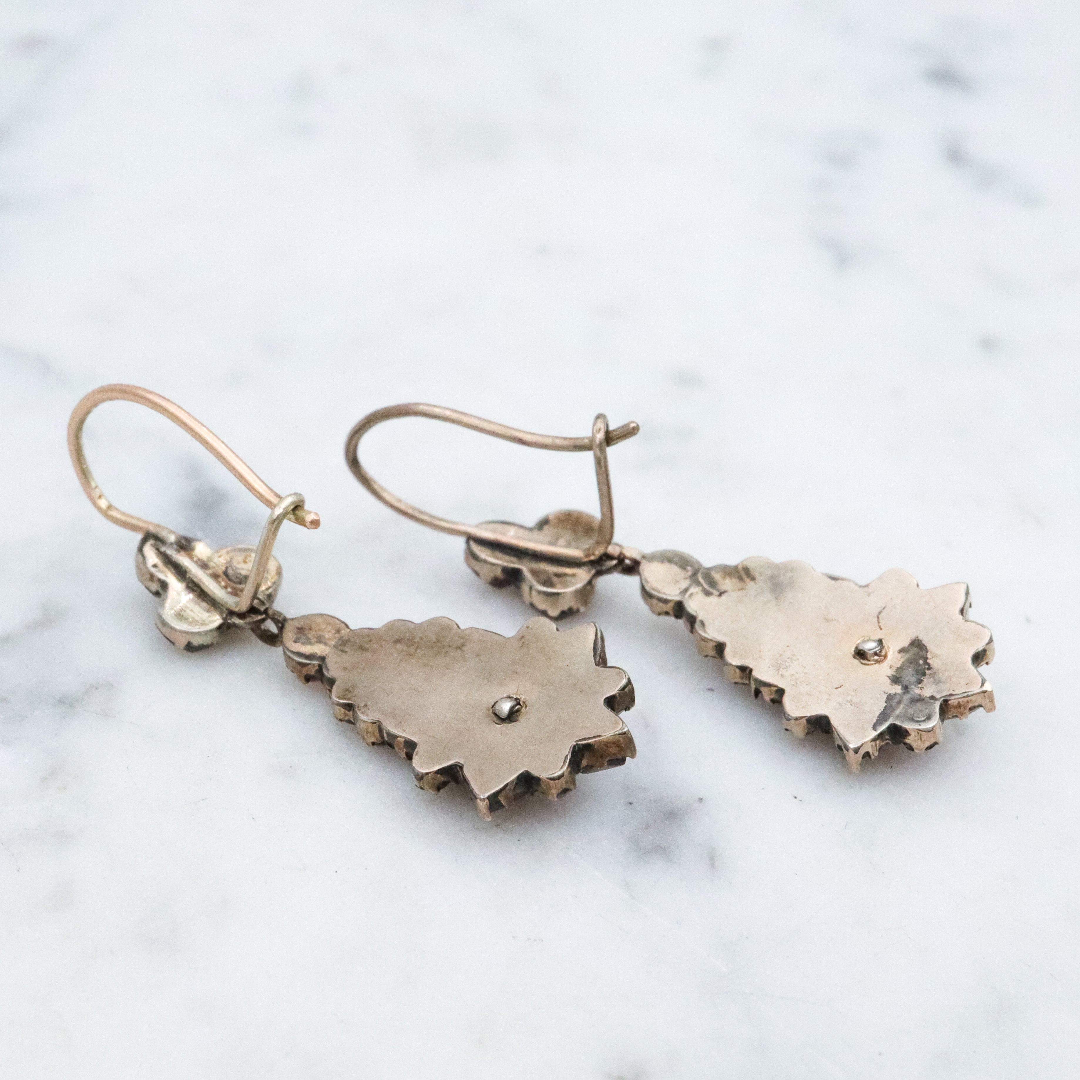 Antique Victorian gilt silver bohemian rose cut garnet drop earrings