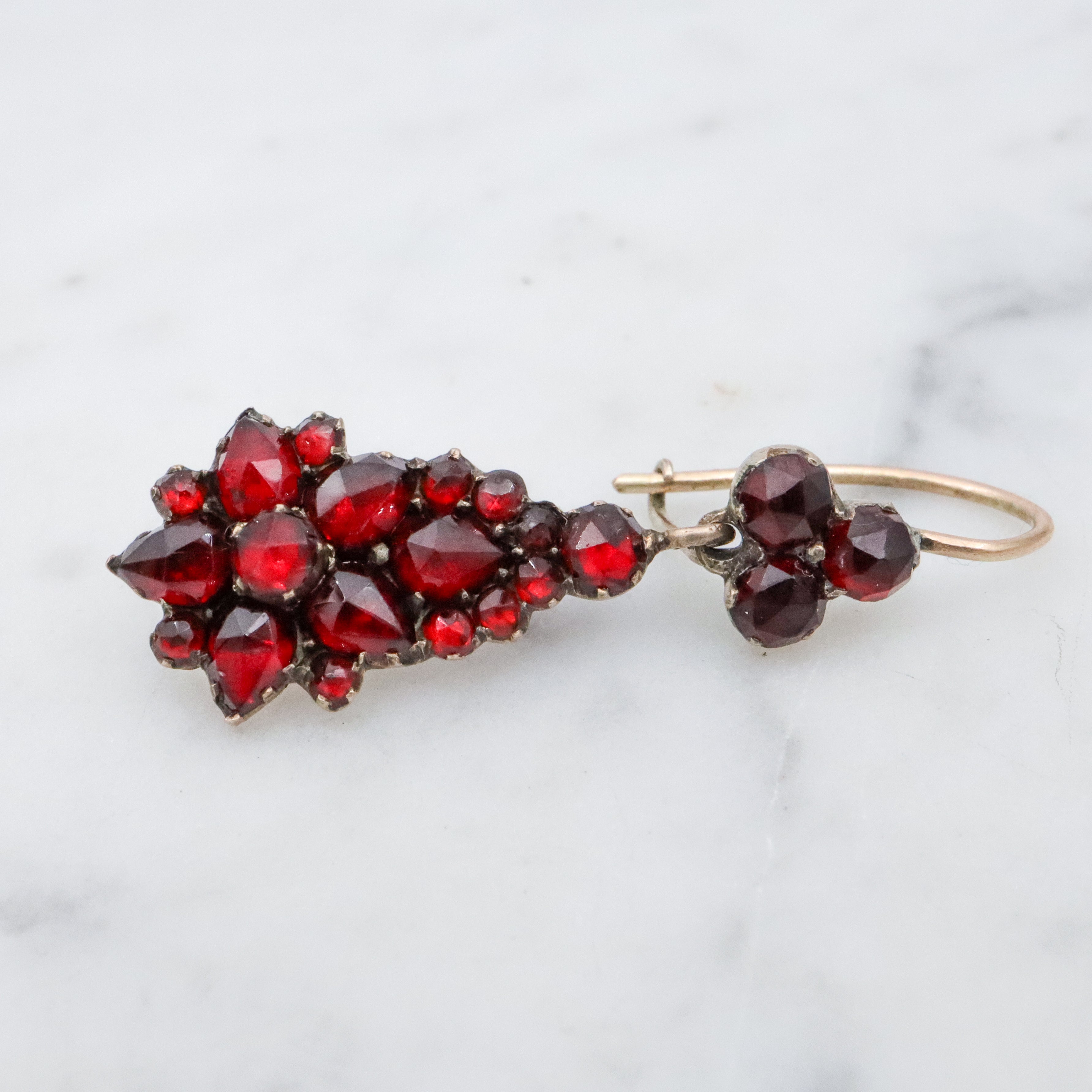 Antique Victorian gilt silver bohemian rose cut garnet drop earrings