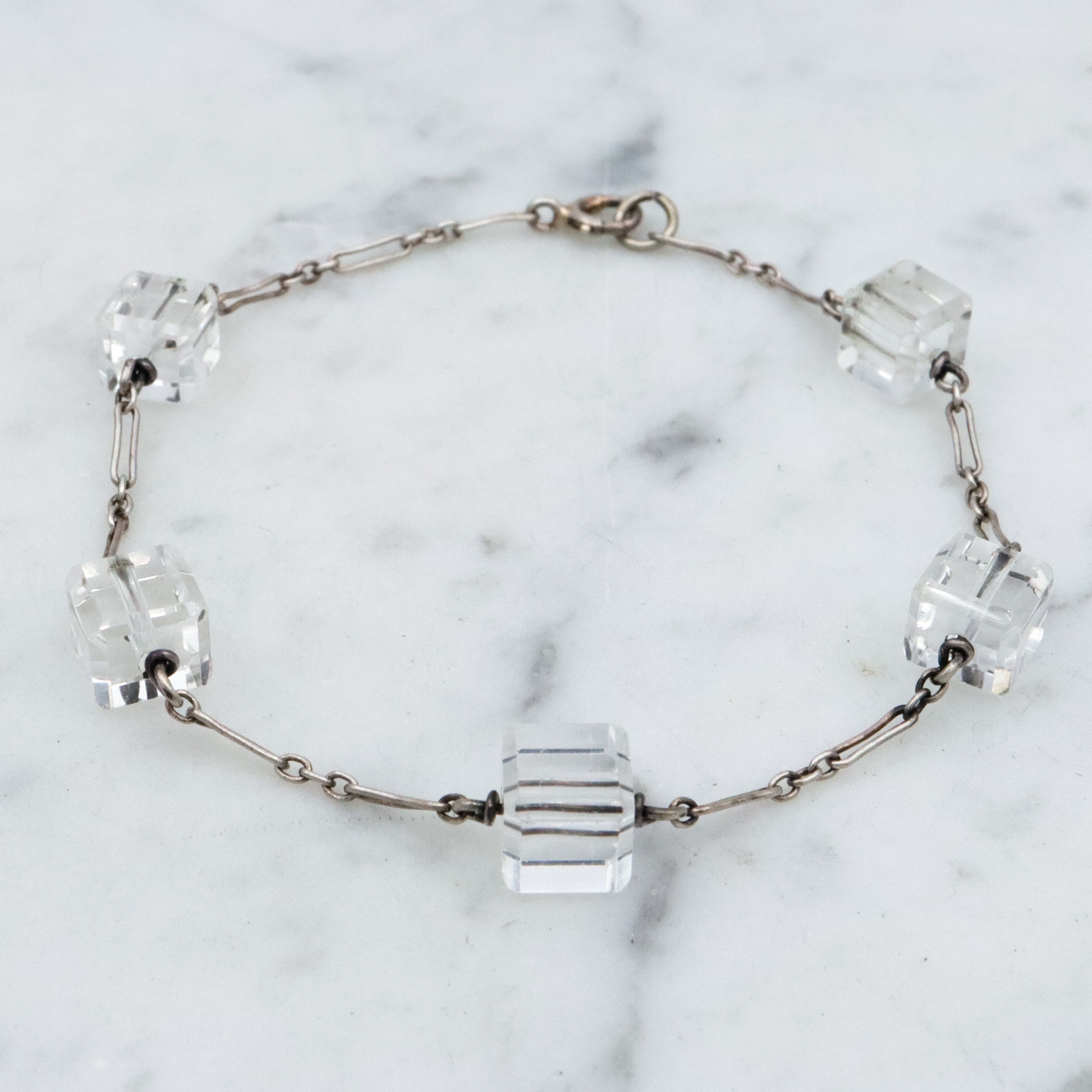 Antique Art Deco rock crystal block bead sterling link bracelet