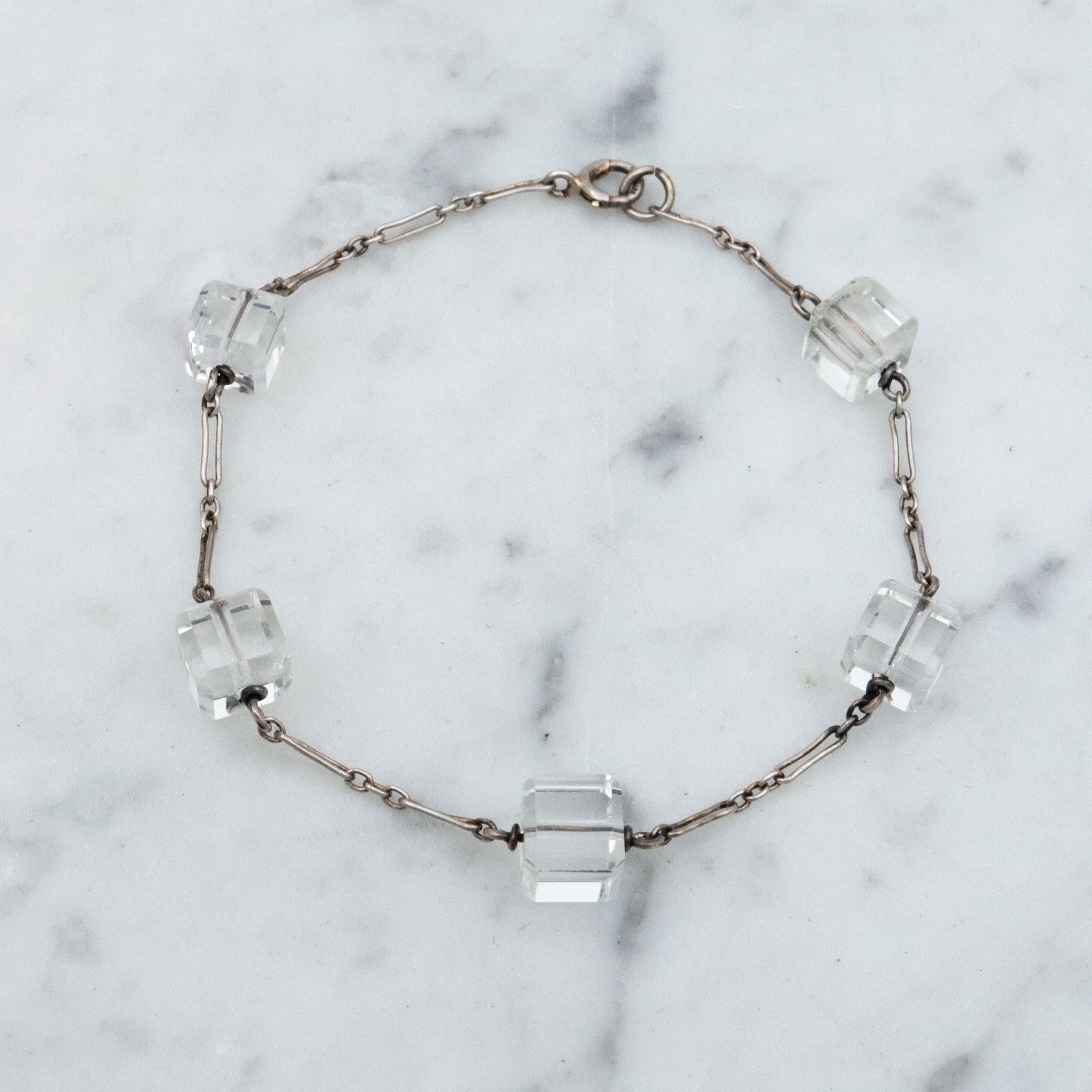 Antique Art Deco rock crystal block bead sterling link bracelet