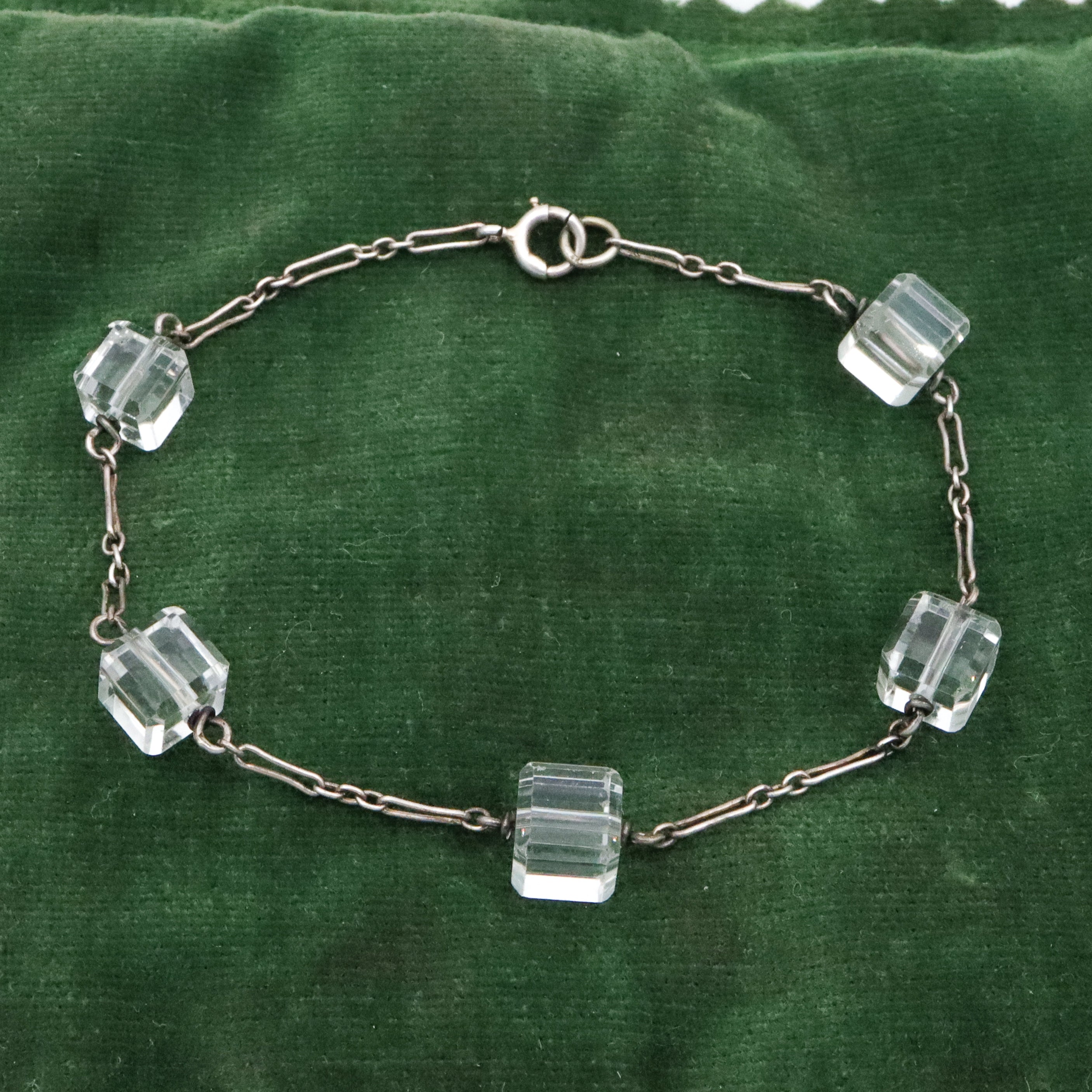 Antique Art Deco rock crystal block bead sterling link bracelet