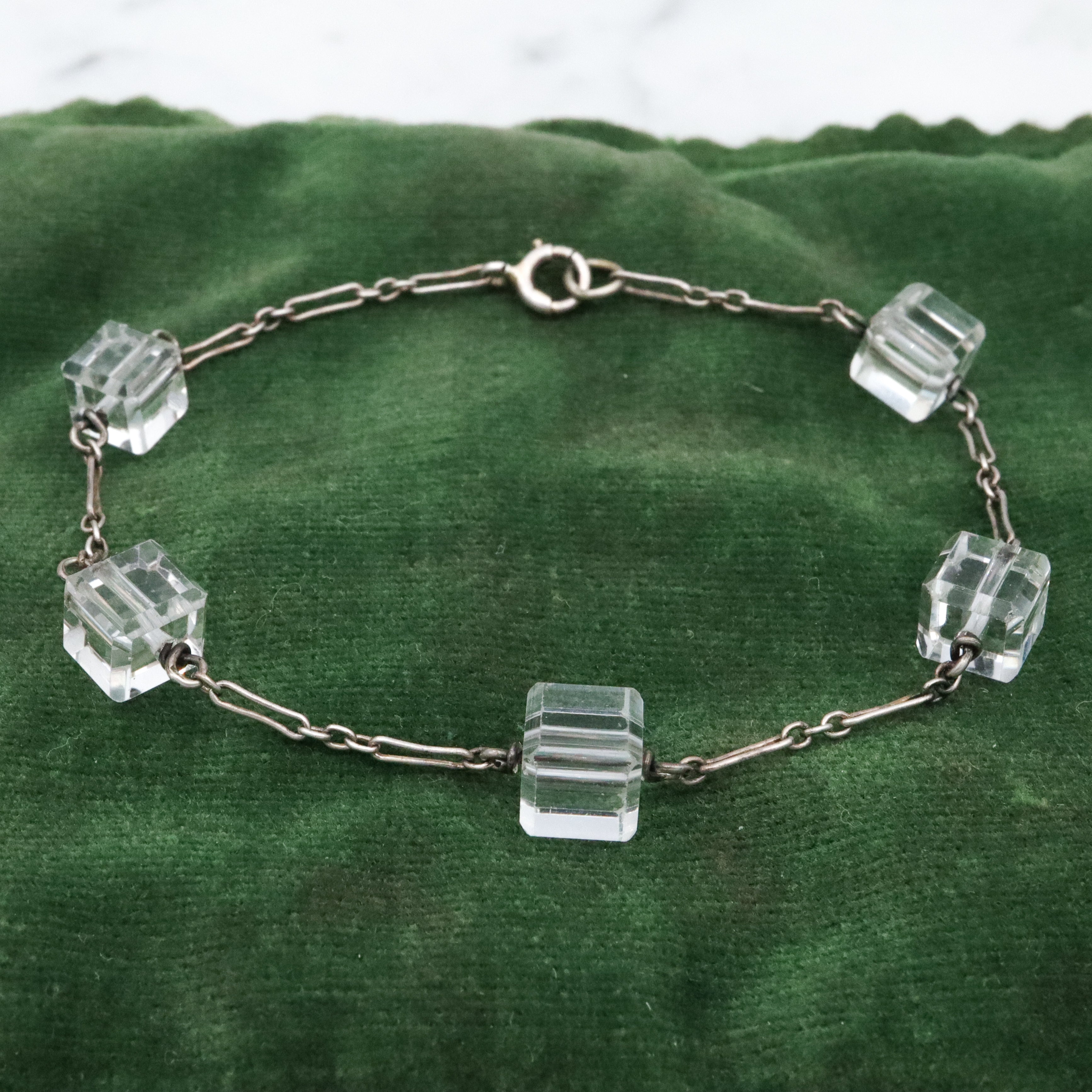 Antique Art Deco rock crystal block bead sterling link bracelet