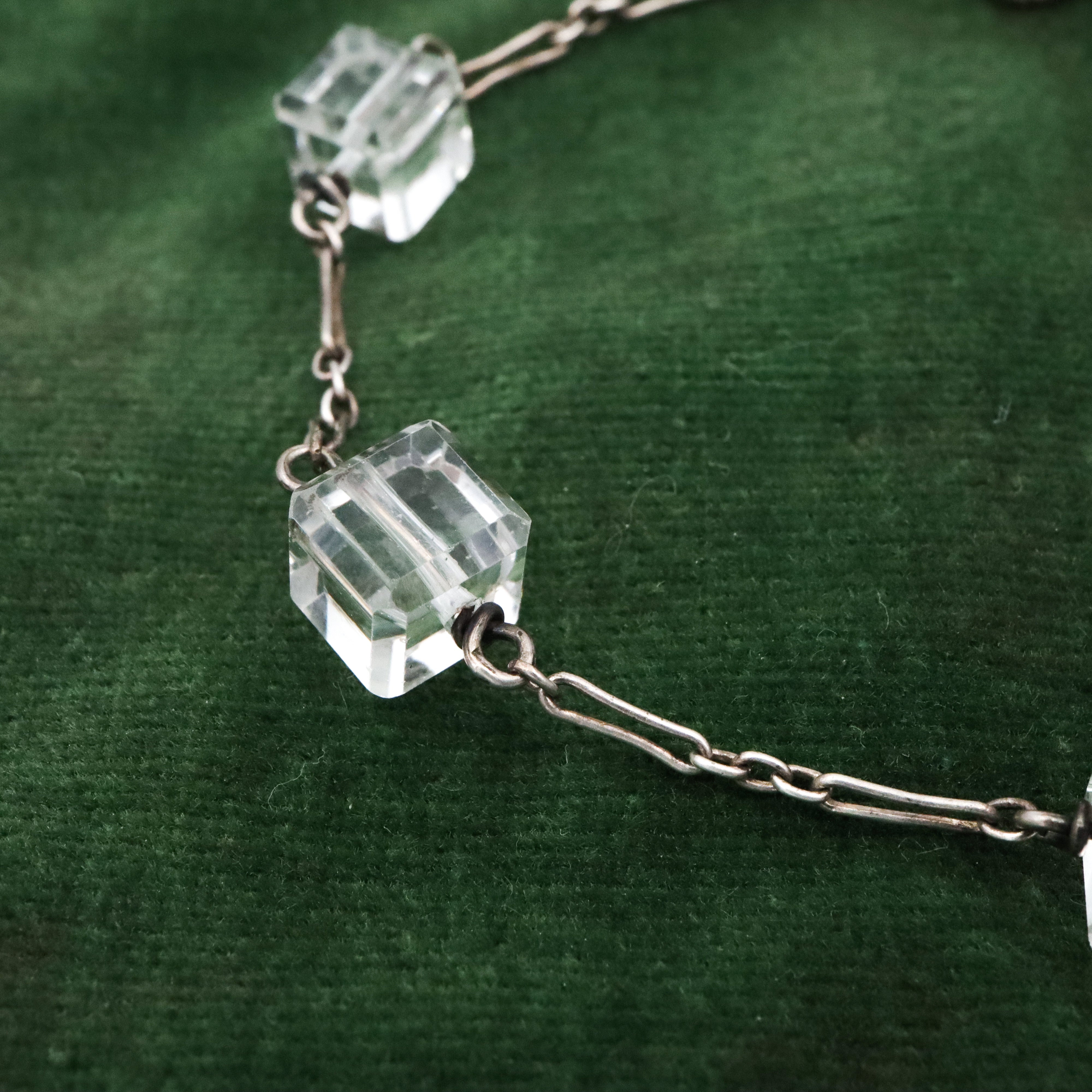 Antique Art Deco rock crystal block bead sterling link bracelet