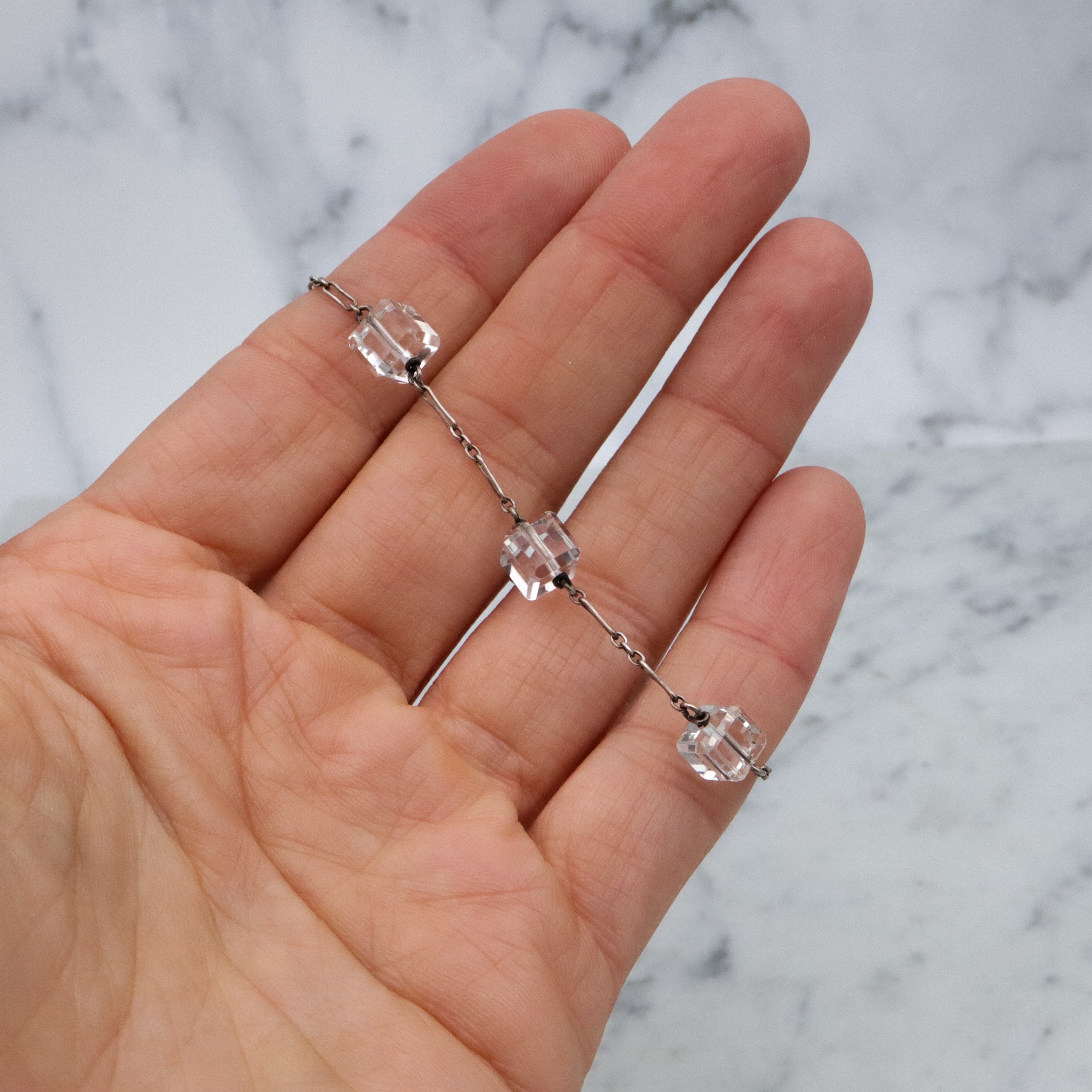 Antique Art Deco rock crystal block bead sterling link bracelet