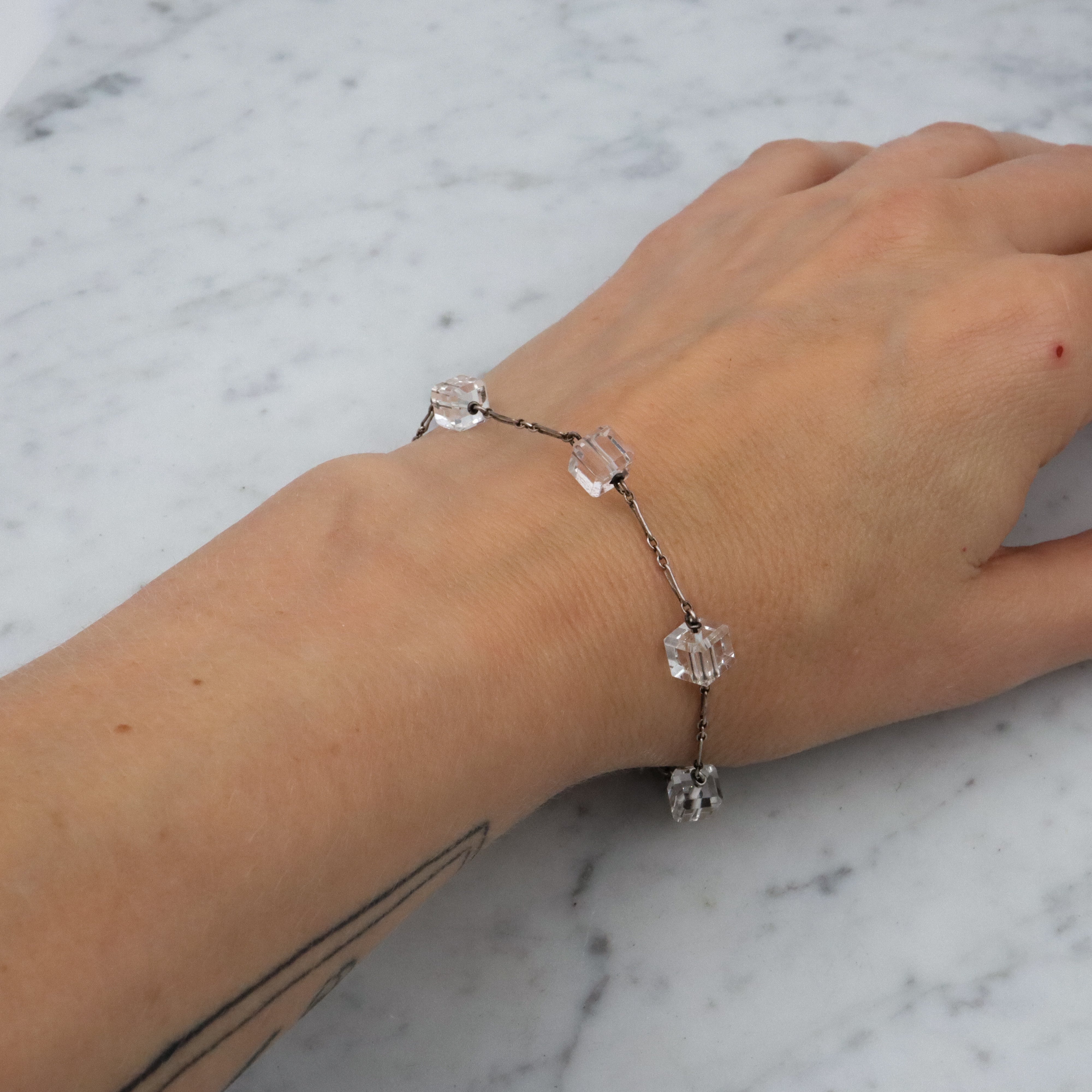 Antique Art Deco rock crystal block bead sterling link bracelet