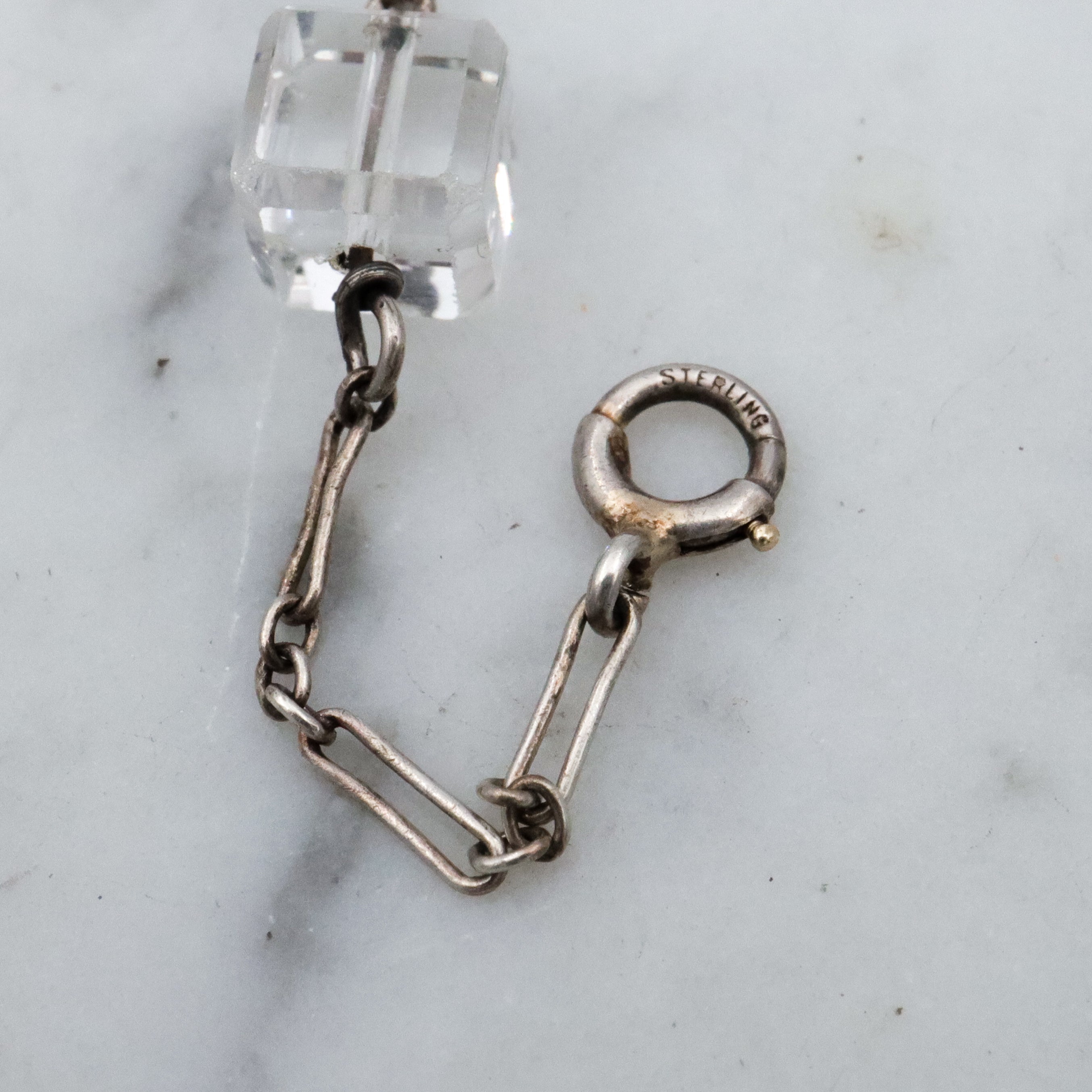 Antique Art Deco rock crystal block bead sterling link bracelet