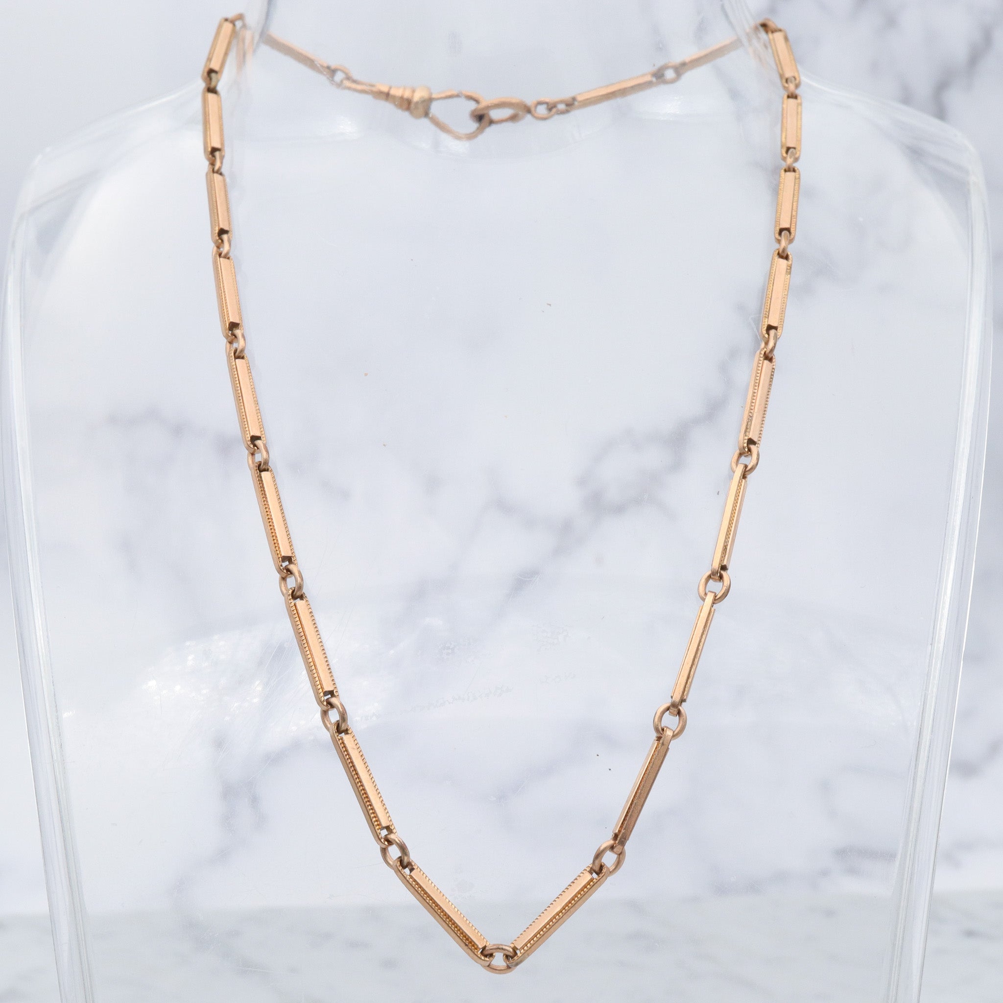 Antique Victorian gold filled fancy bar link watch chain necklace with dog clip clasp, 14.5”