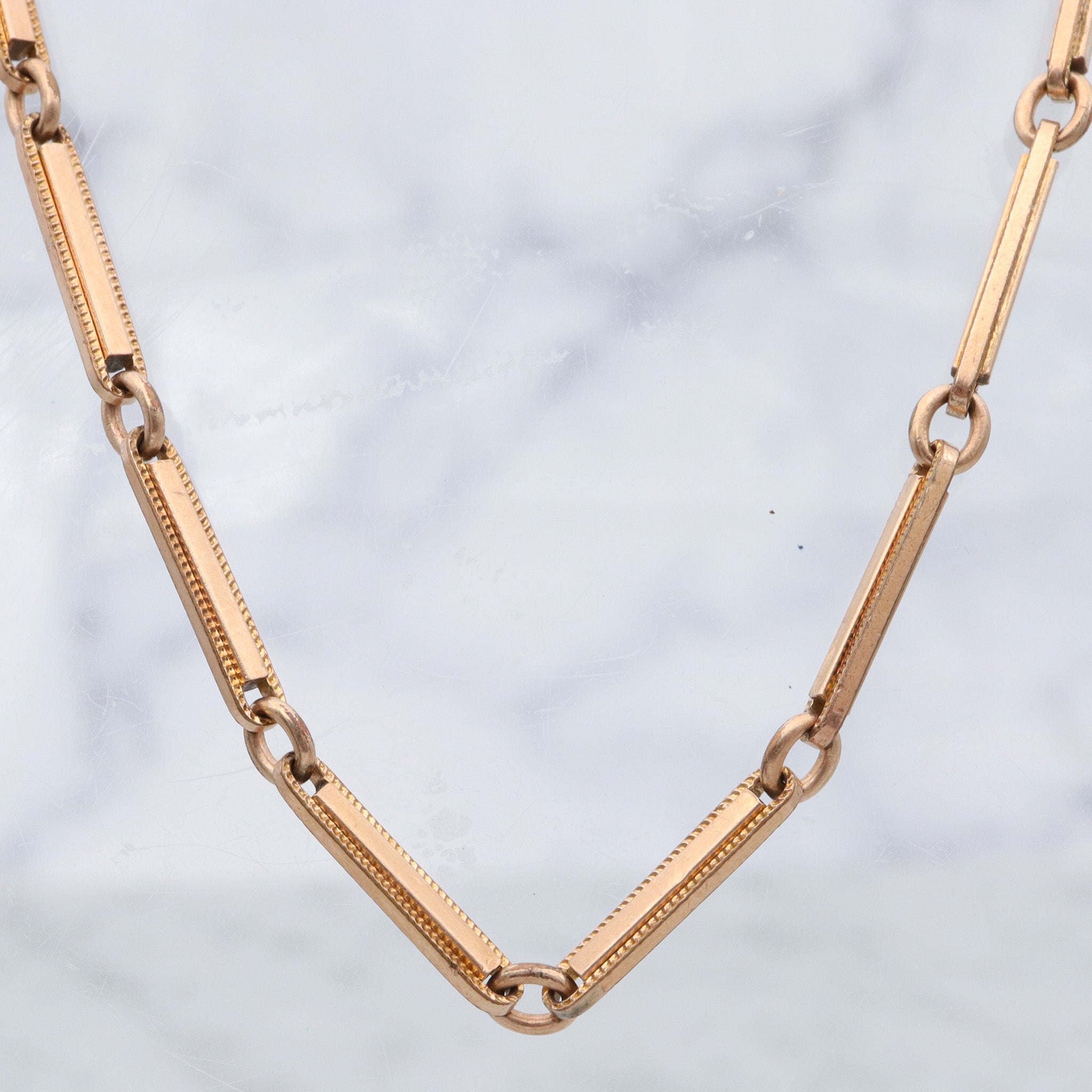 Antique Victorian gold filled fancy bar link watch chain necklace with dog clip clasp, 14.5”