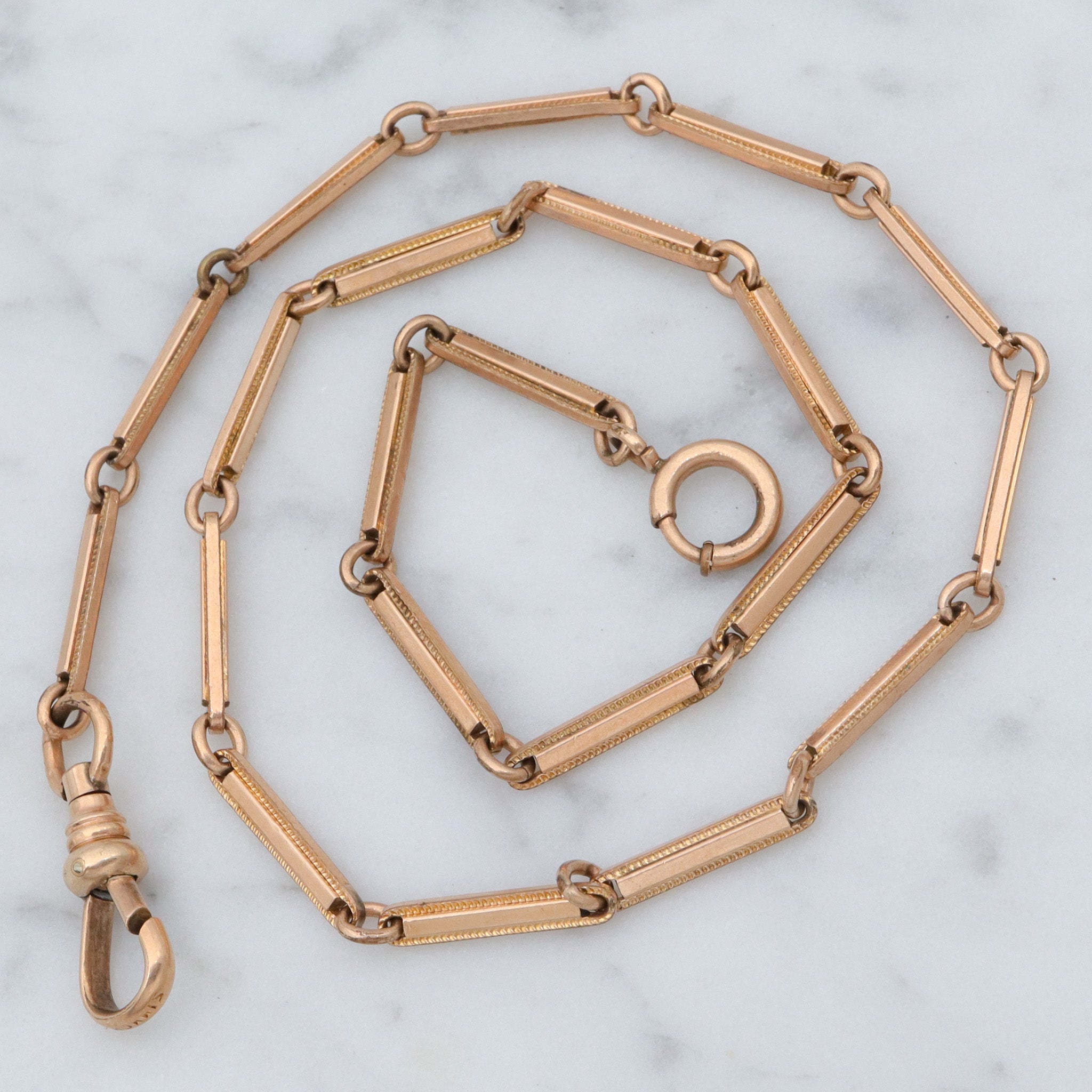 Antique Victorian gold filled fancy bar link watch chain necklace with dog clip clasp, 14.5”