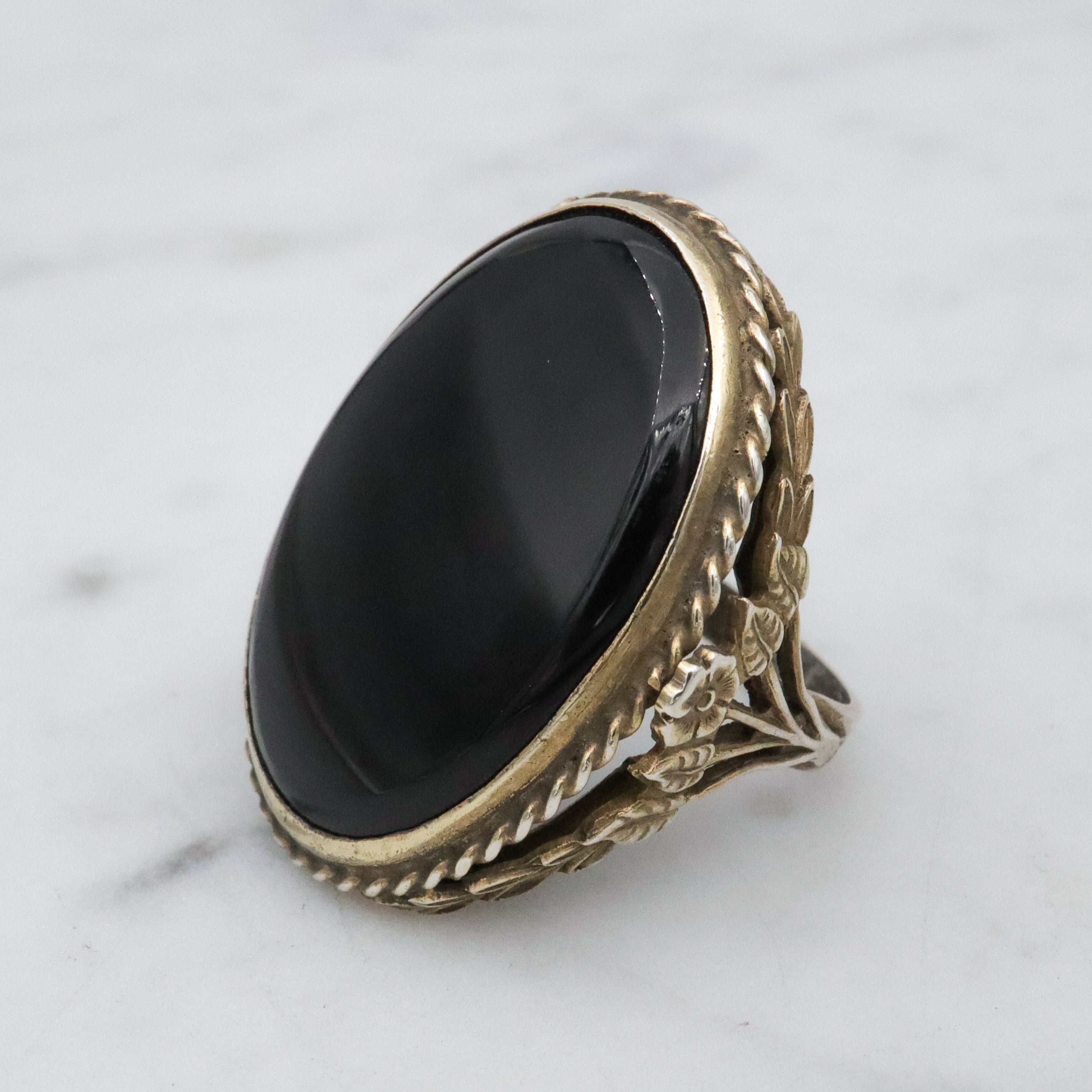 Mid Century gilt sterling onyx large oval ring, size 5