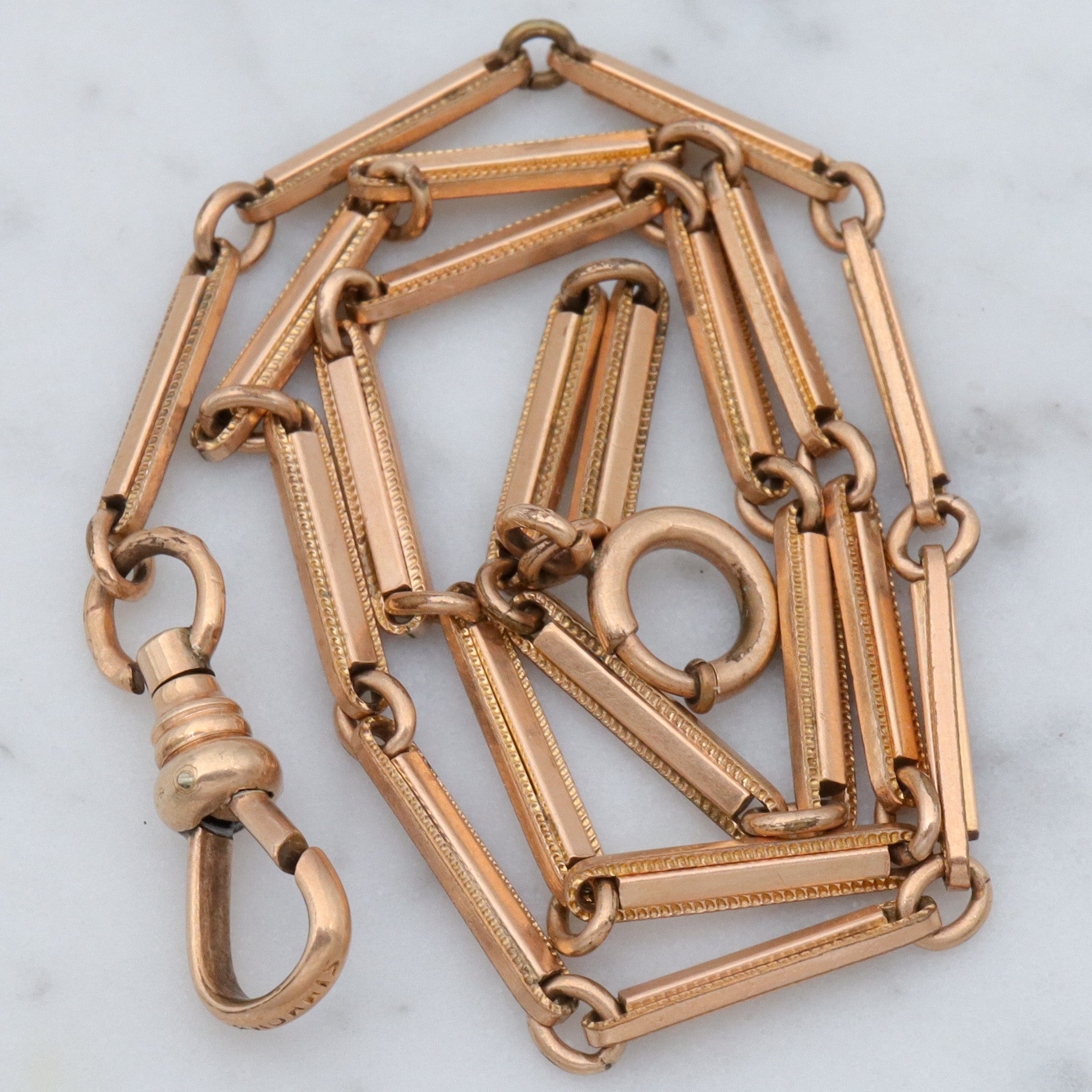 Antique Victorian gold filled fancy bar link watch chain necklace with dog clip clasp, 14.5”