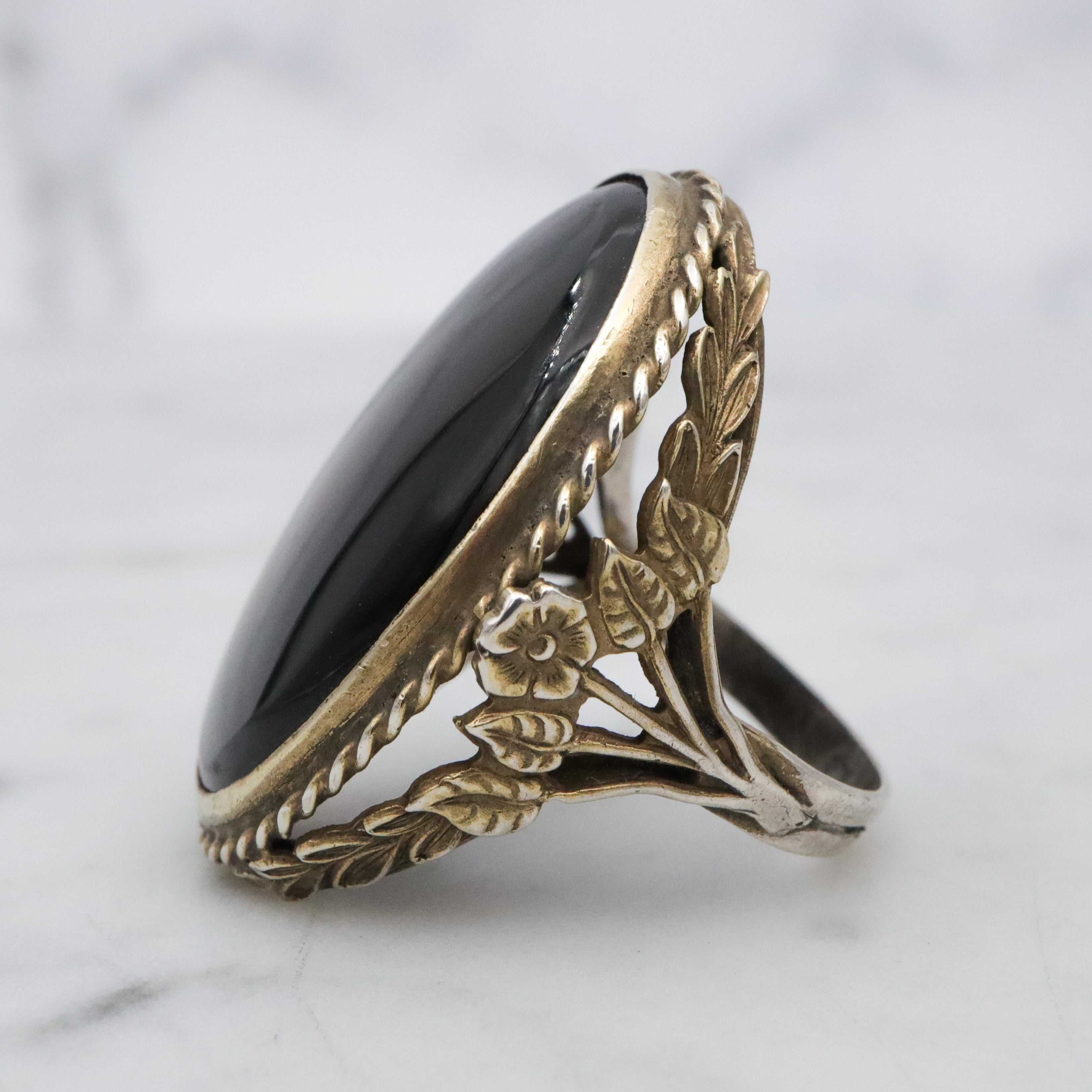 Mid Century gilt sterling onyx large oval ring, size 5