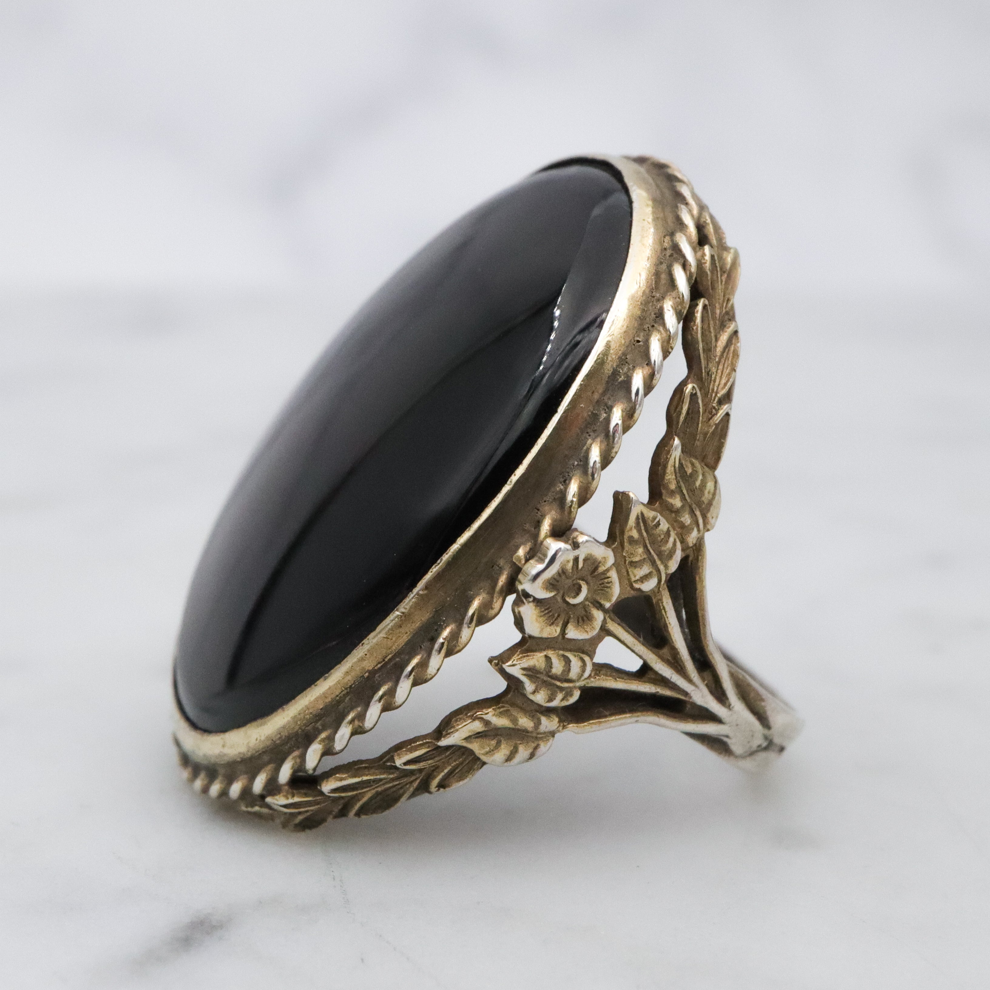 Mid Century gilt sterling onyx large oval ring, size 5